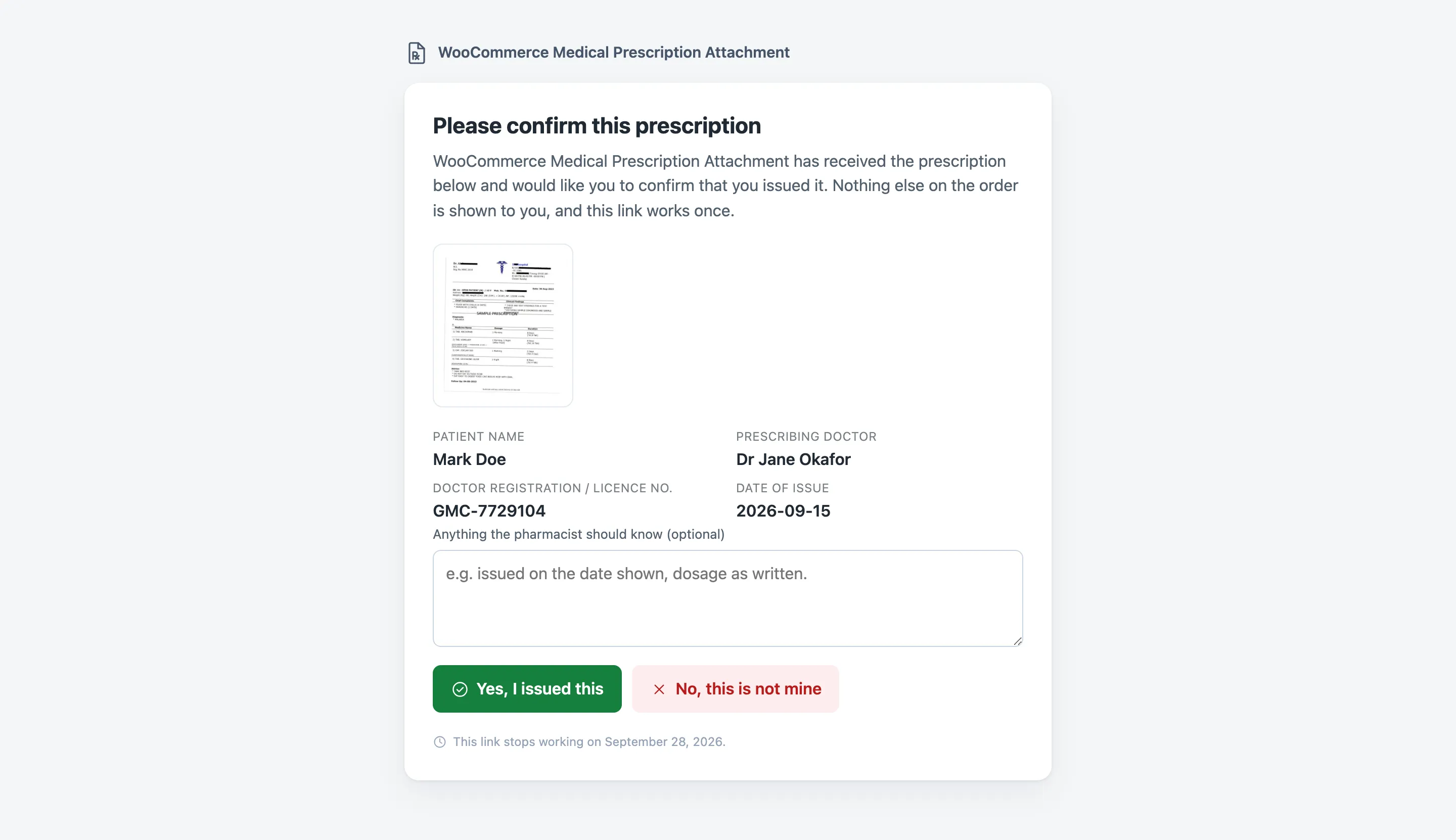 The verification page the prescriber sees, with the prescription and the two answer buttons
