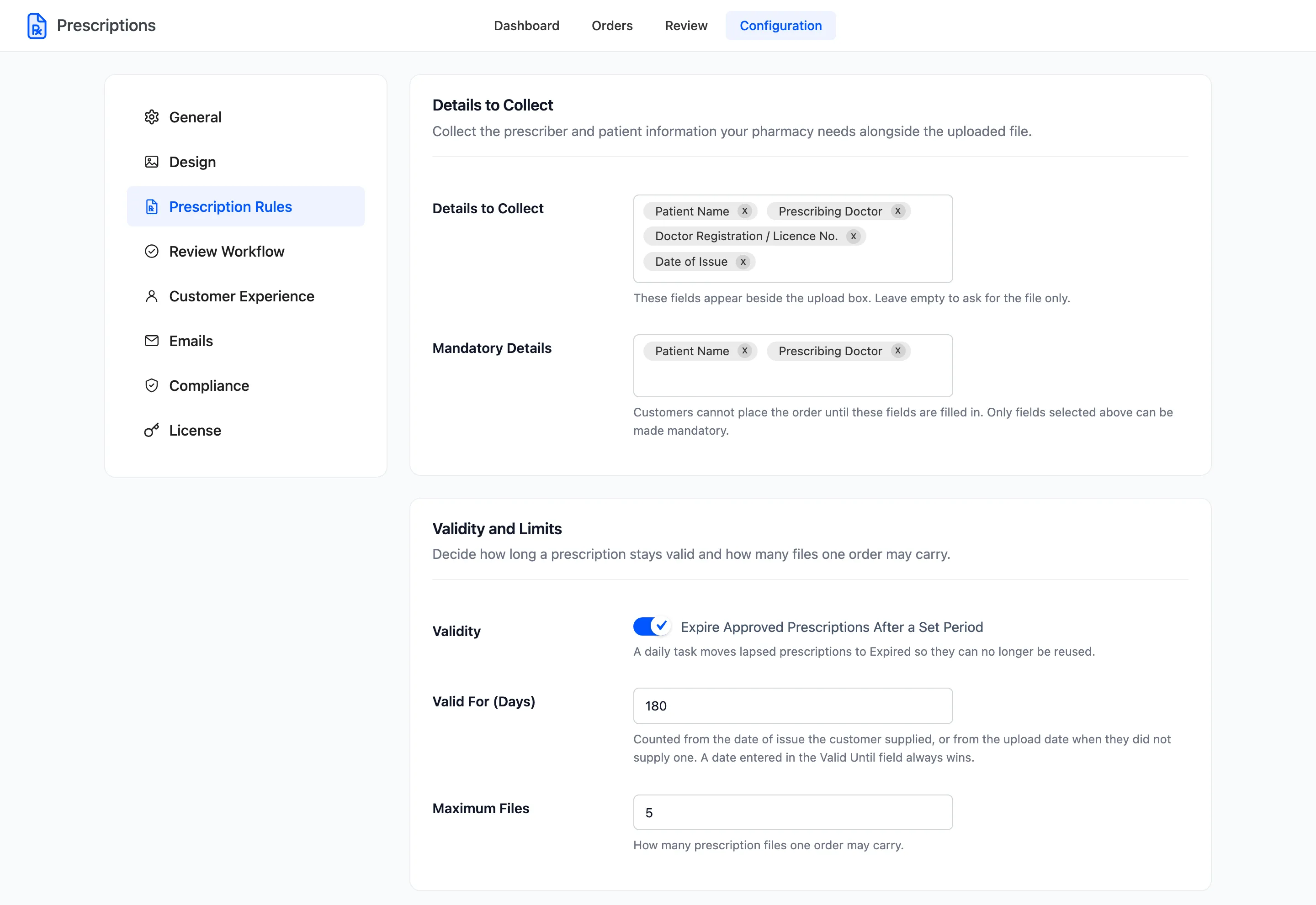 The Prescription Rules tab with the details to collect and the validity settings