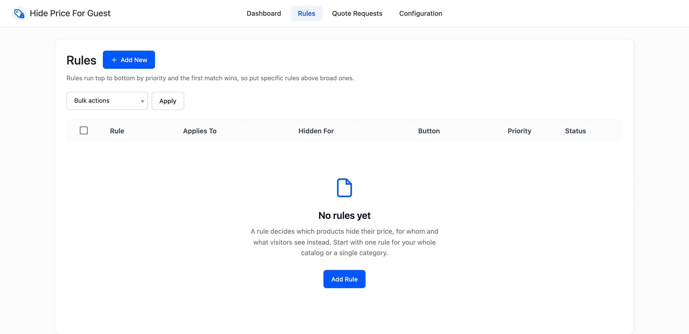 The empty Rules screen