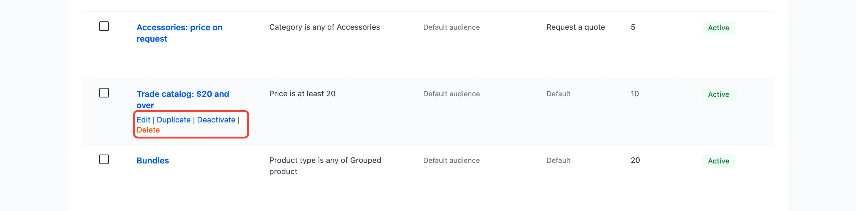 Row actions under a rule name: Edit, Duplicate, Deactivate, Delete