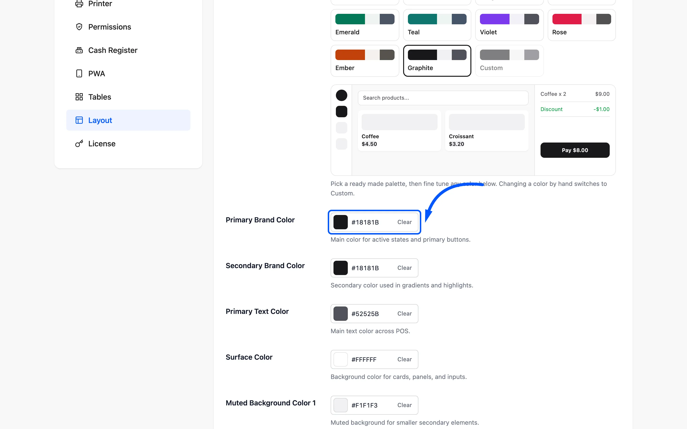 The Primary Brand Color picker on the layout tab