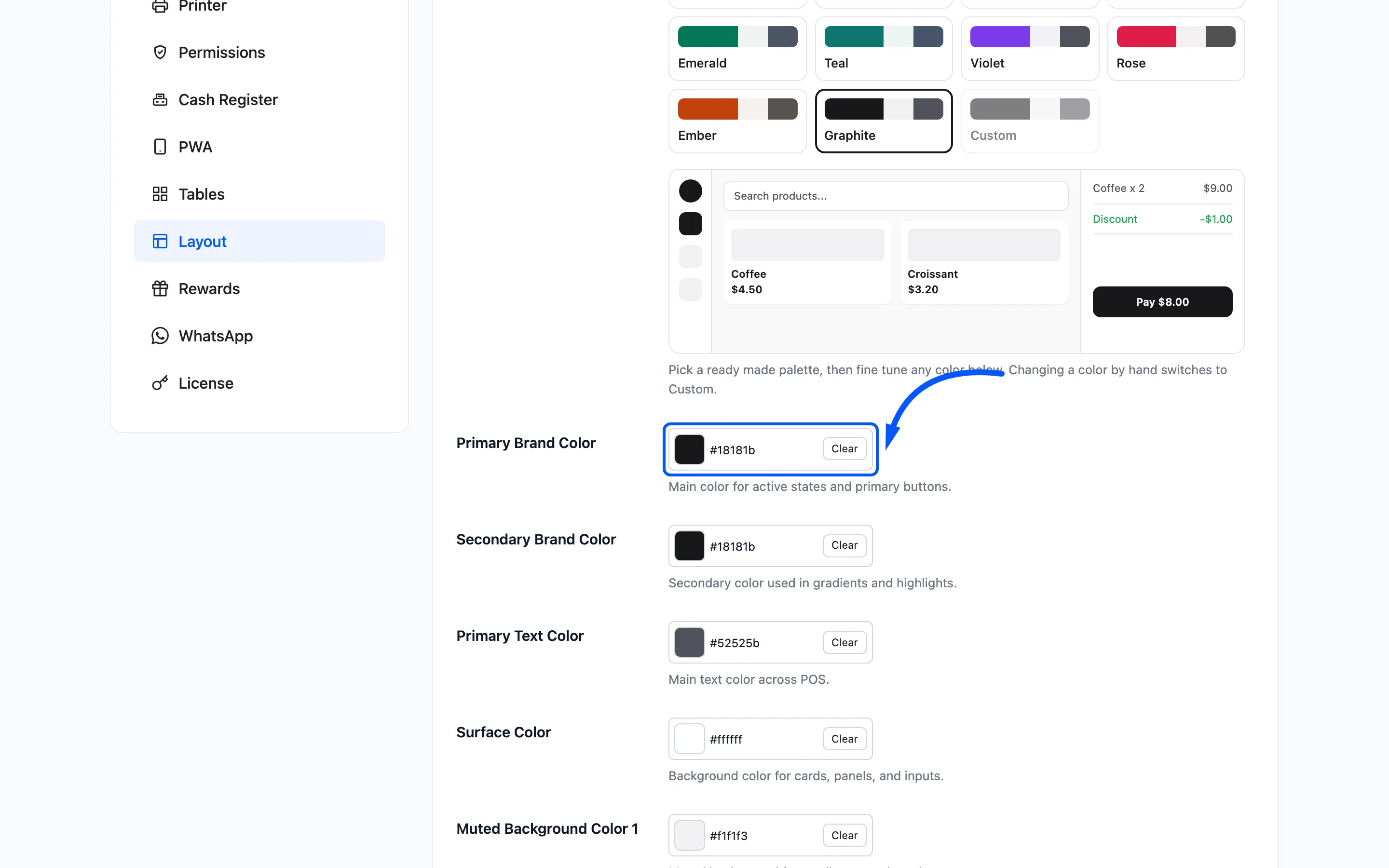 The Primary Brand Color picker on the layout tab