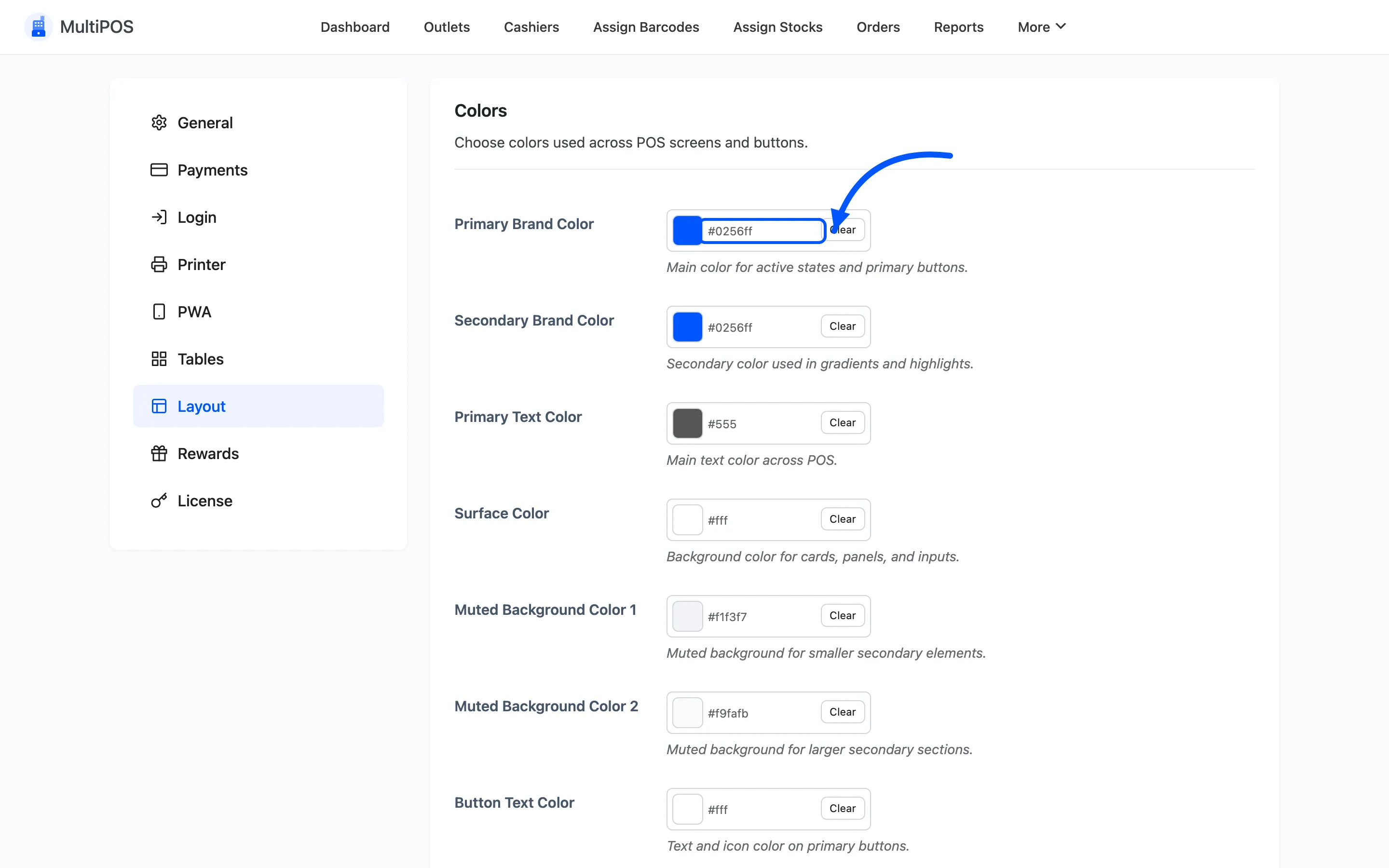 The Primary Brand Color picker on the layout tab