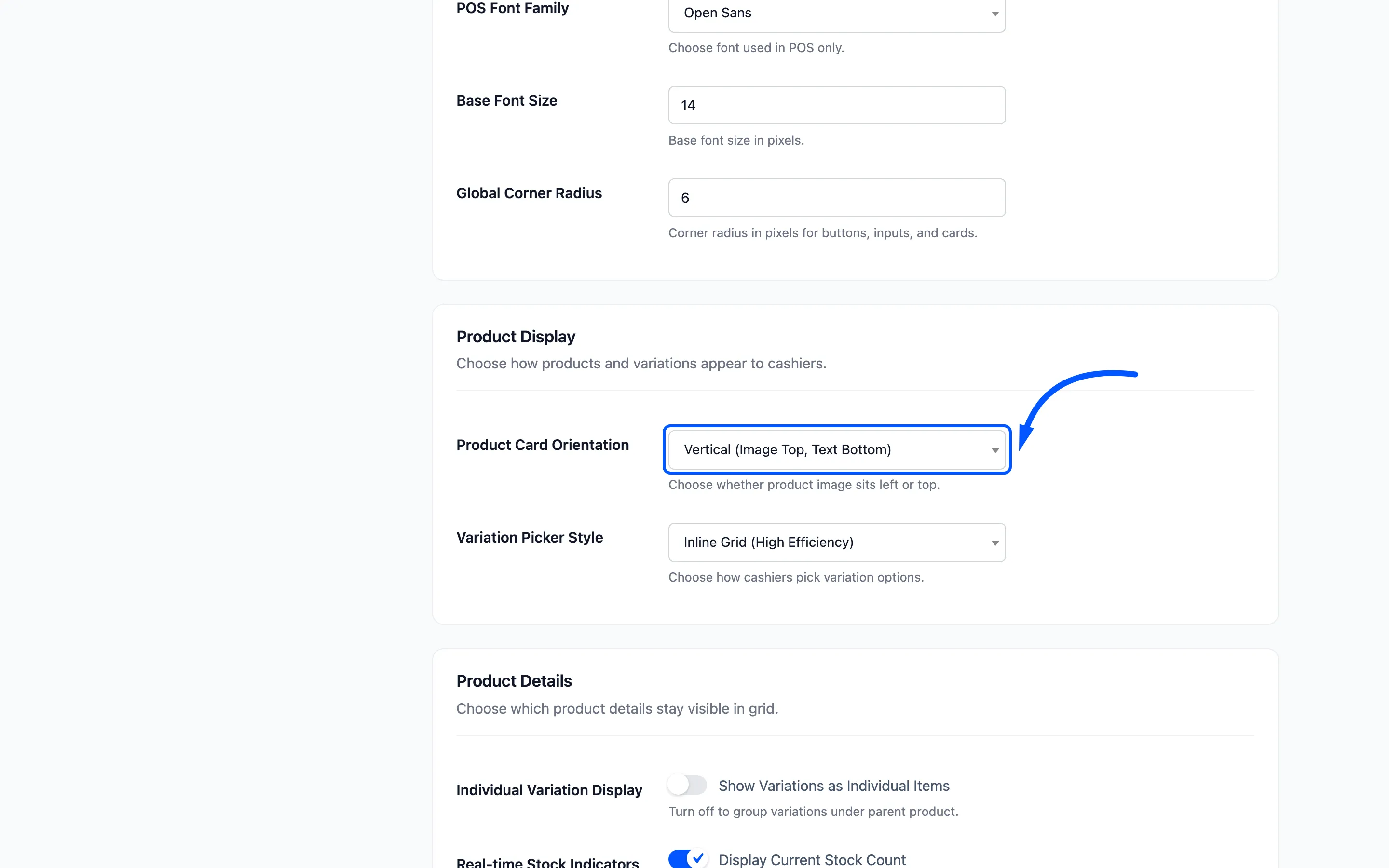 The Product Card Orientation dropdown on the layout tab
