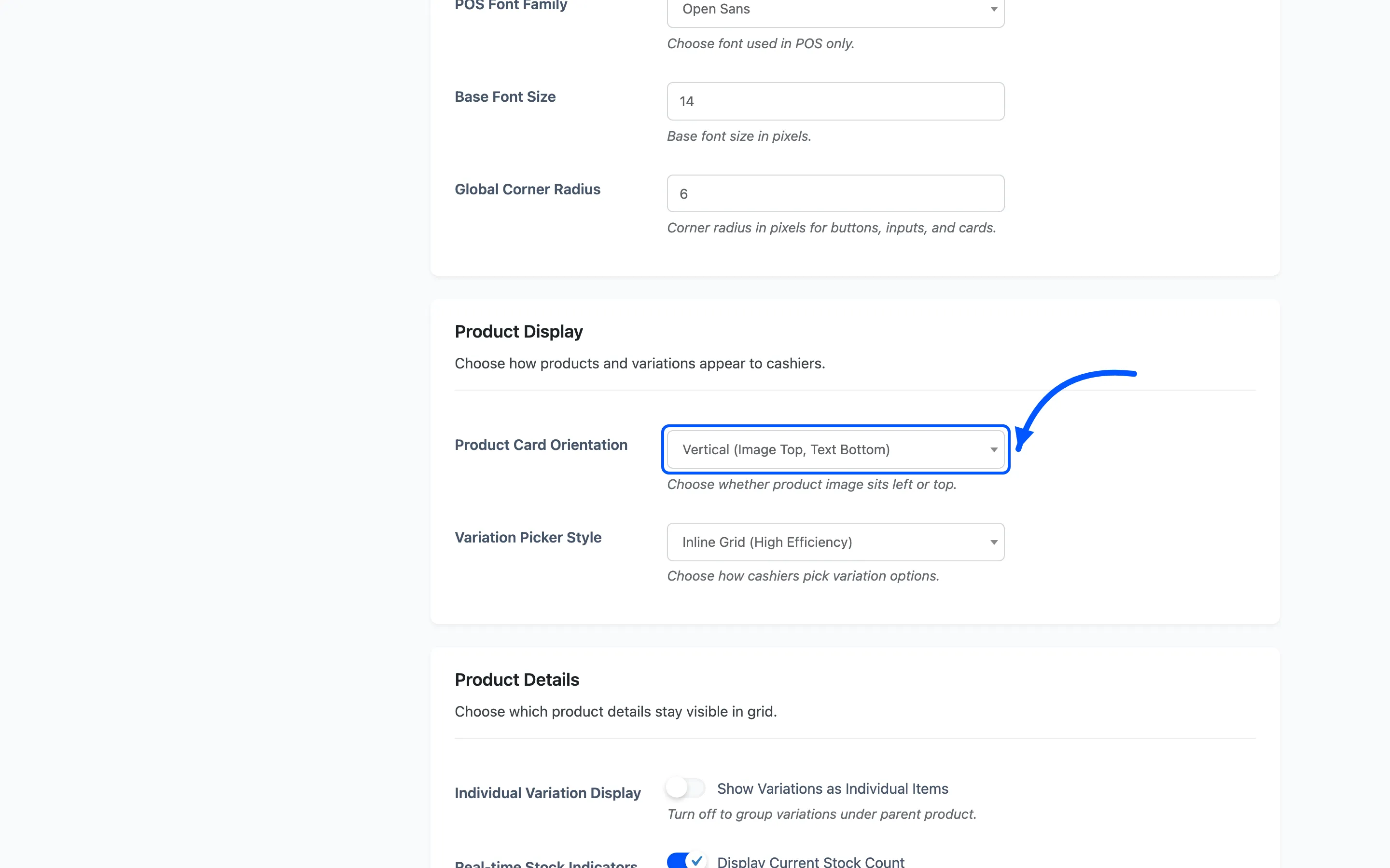 The Product Card Orientation dropdown on the layout tab