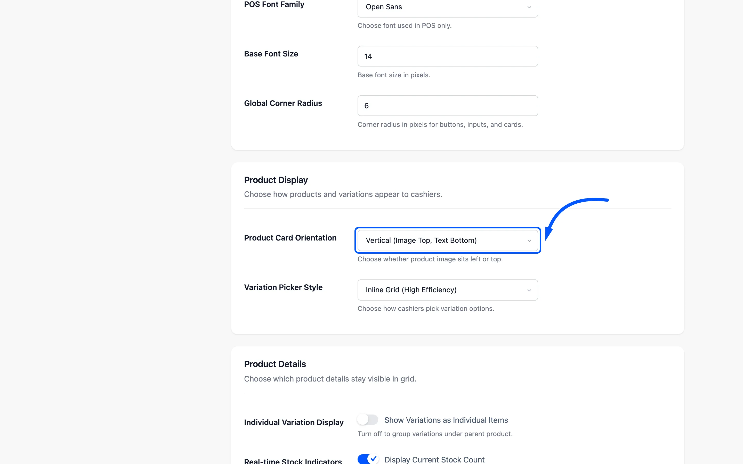 The Product Card Orientation dropdown on the layout tab