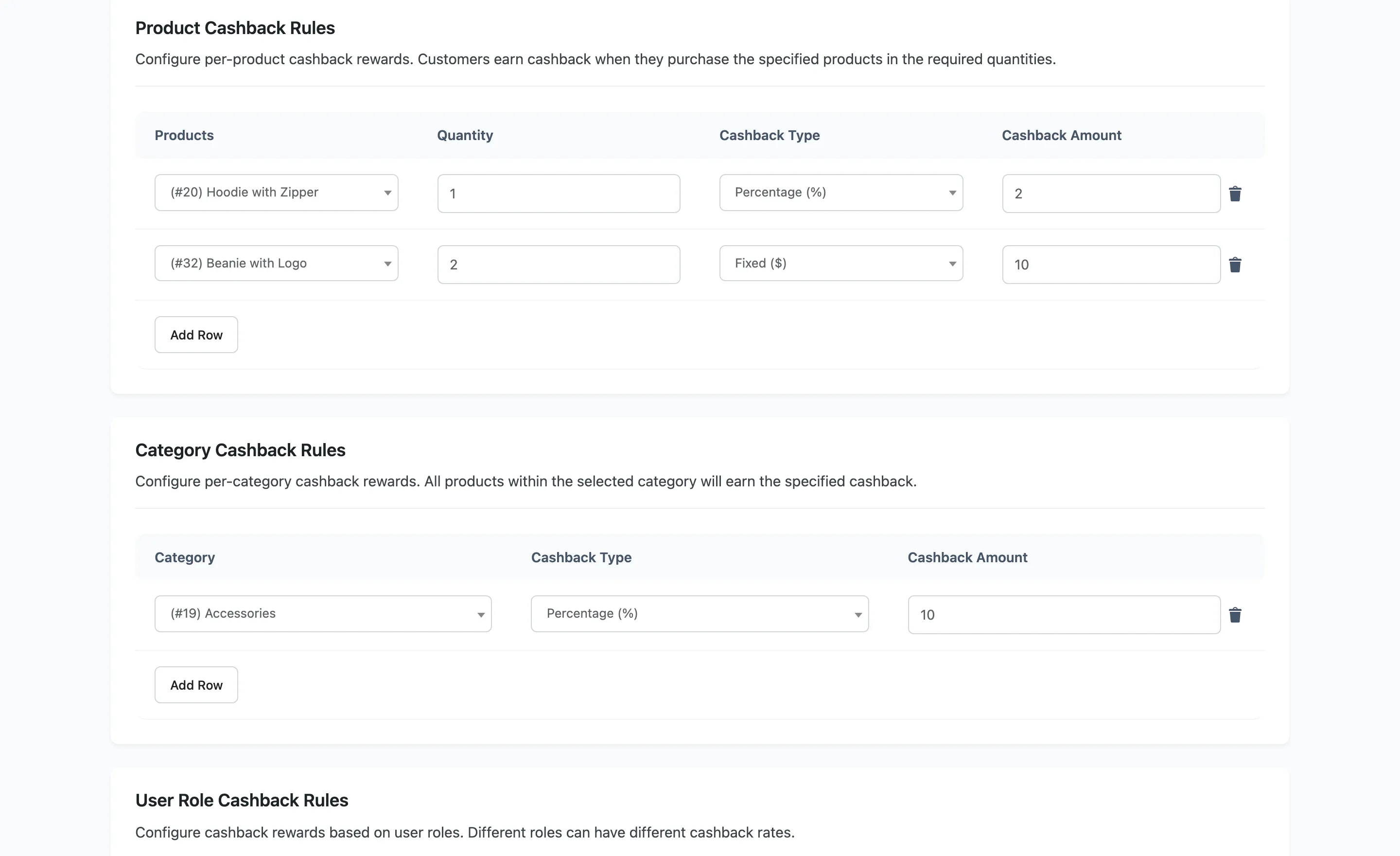 The product and category cashback rule tables