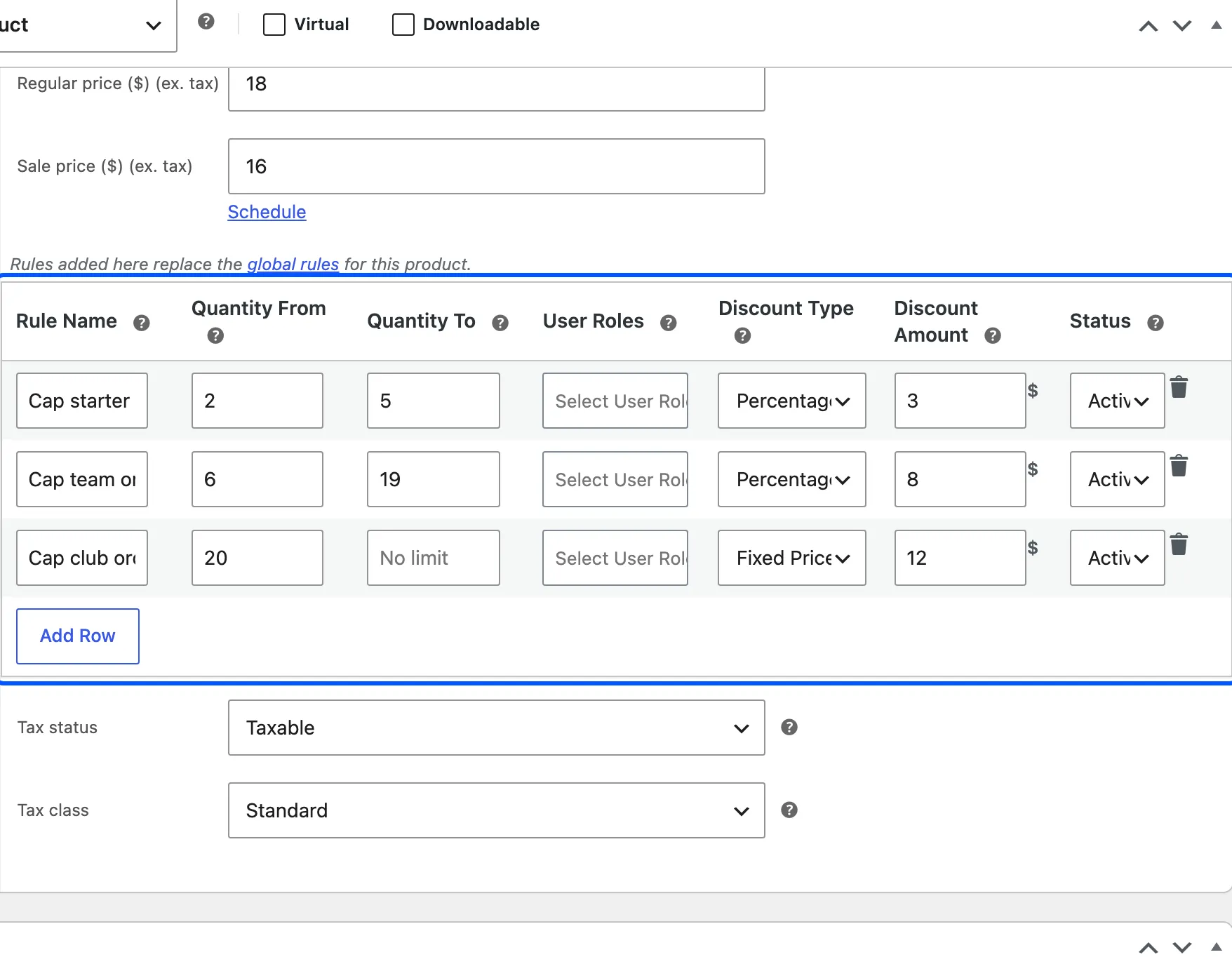 The Tiered Pricing Rules table on a product’s edit screen, which replaces the global rules