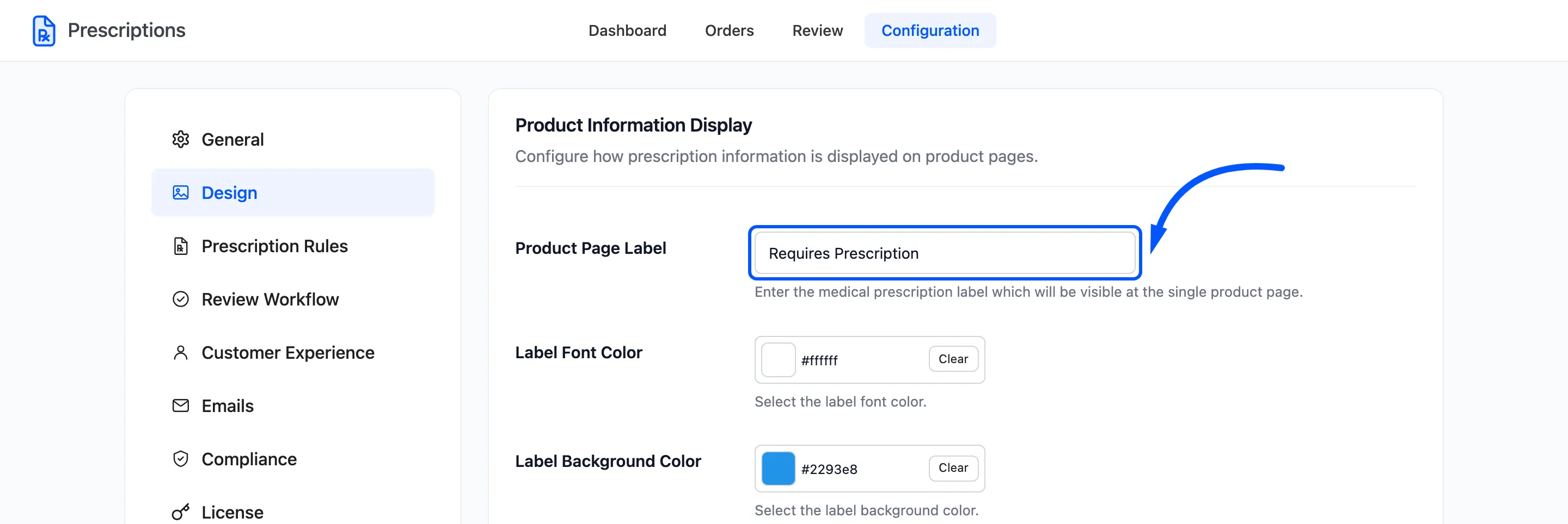 The Product Page Label field on the Design tab