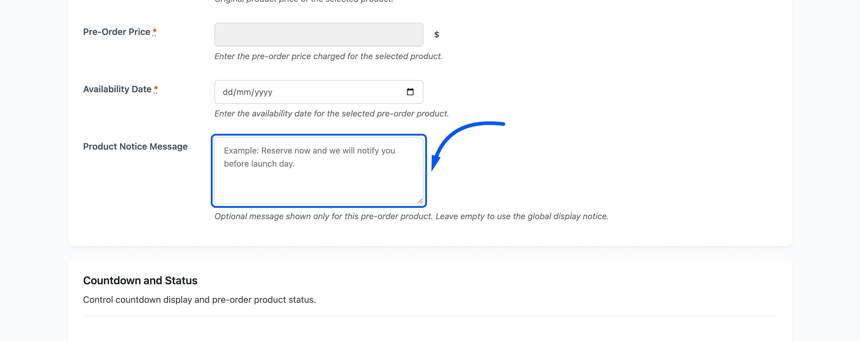 The product notice message field