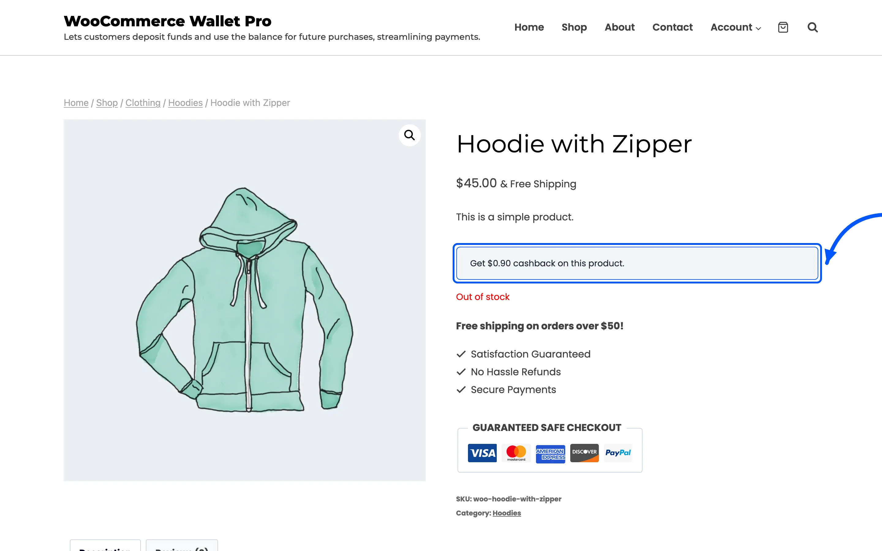 The cashback banner on a single product page