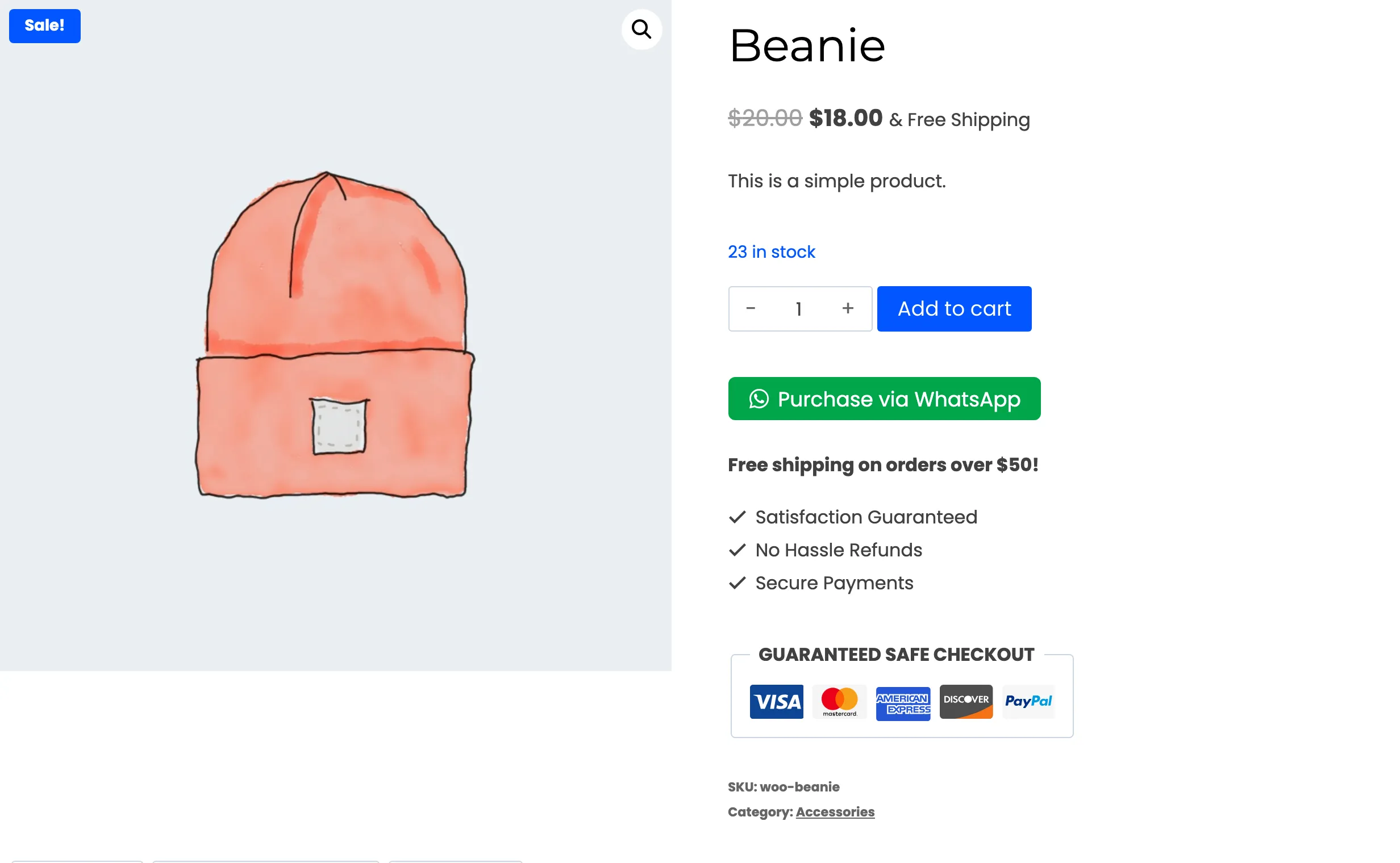 A product page with the Purchase via WhatsApp button under Add to cart
