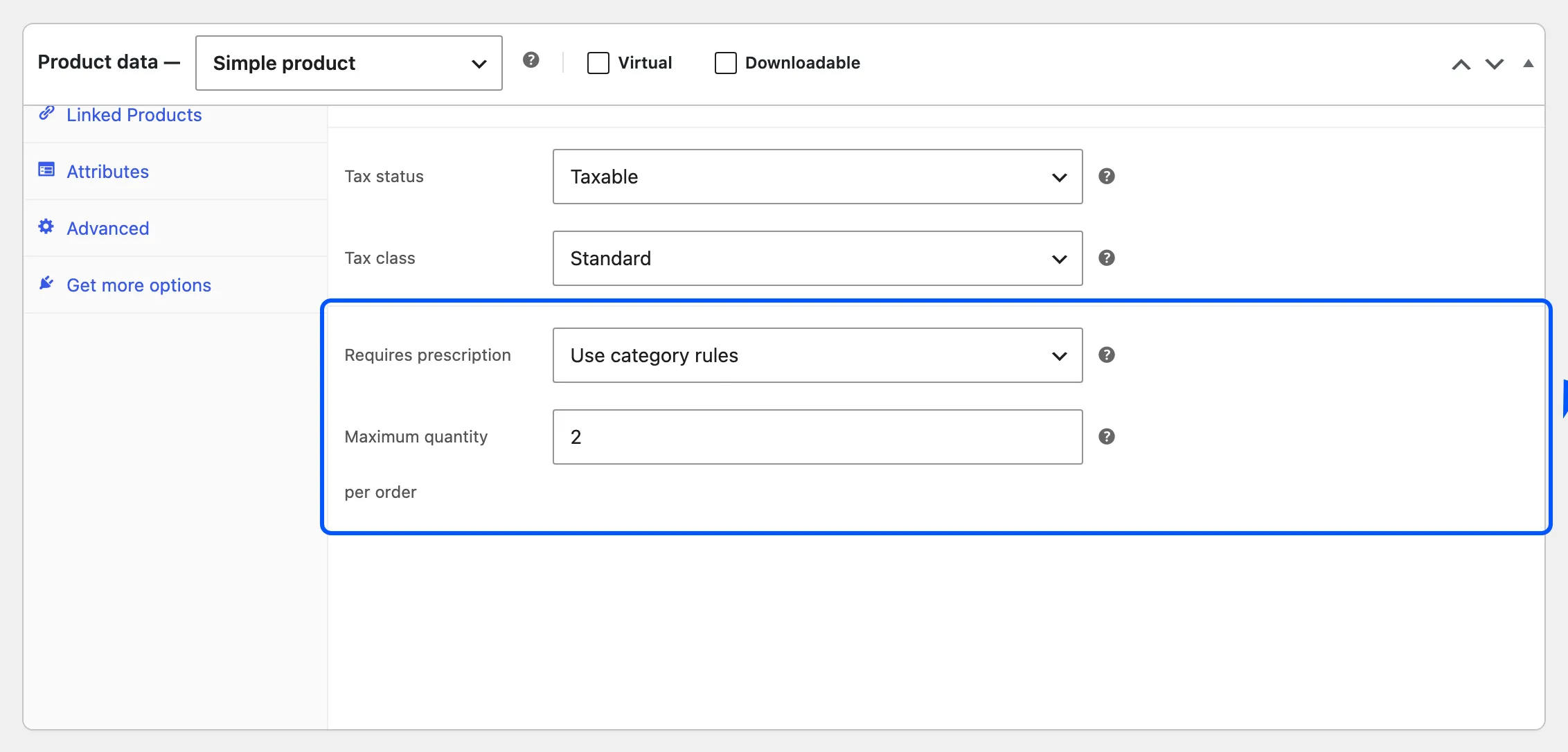 The Requires prescription field on the product’s General tab