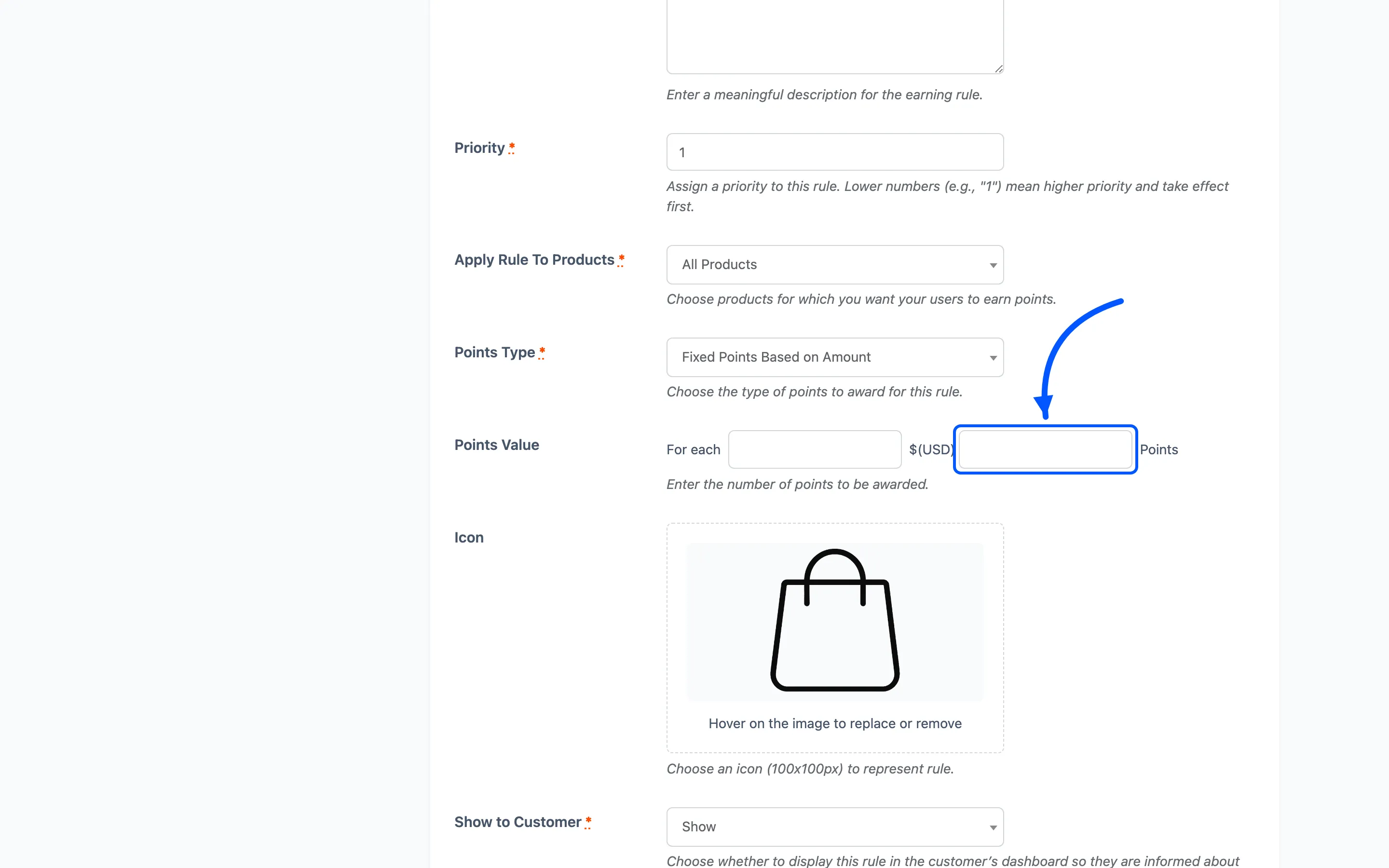 The Product Purchase rule with the Points Value field marked