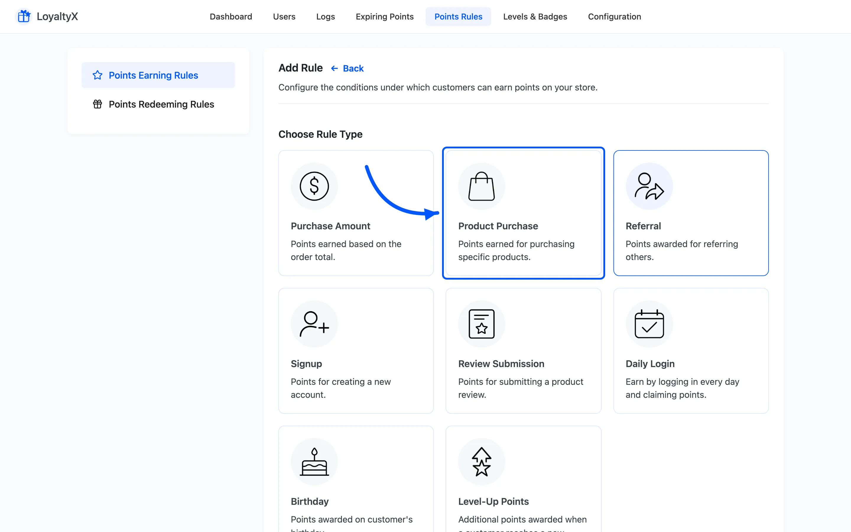 The Choose Rule Type screen with the Product Purchase card selected