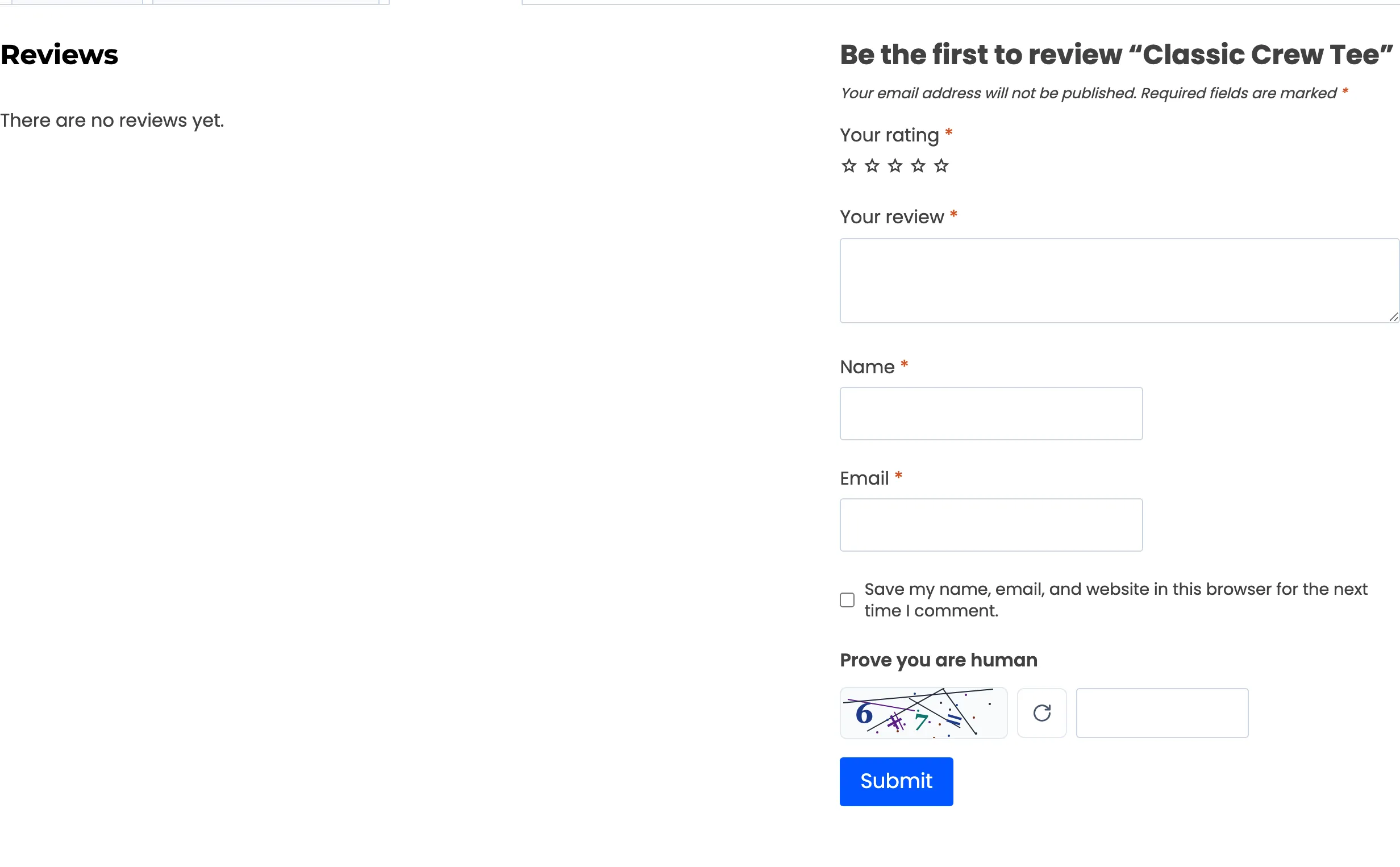 The product review form with the CAPTCHA above Submit