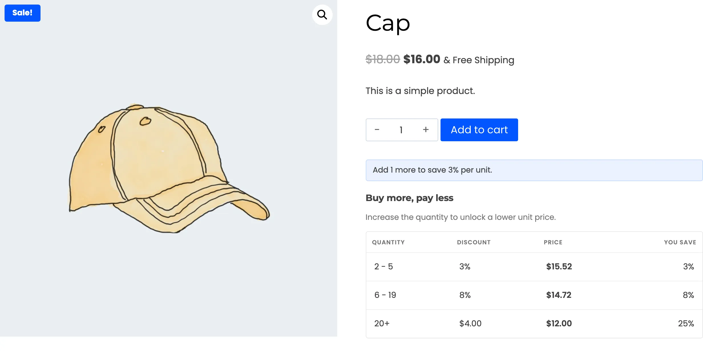 The Cap product page showing only the three rows from its own table