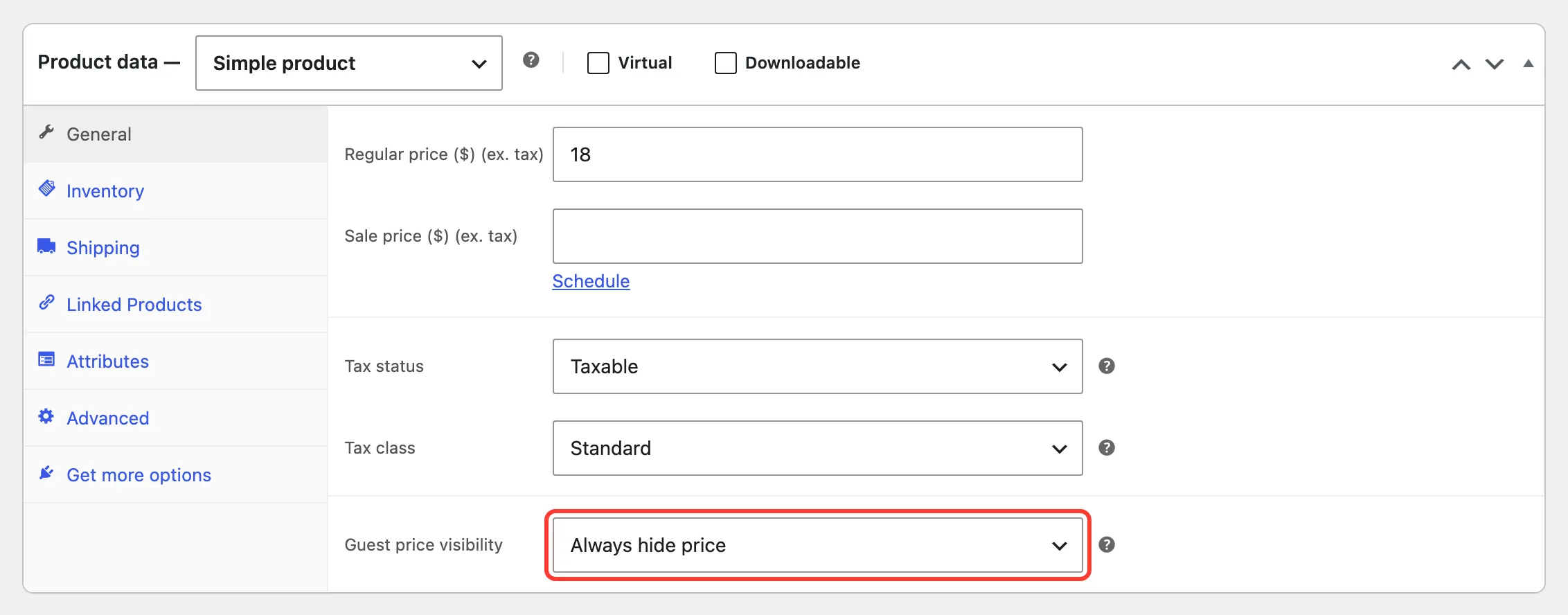 The Guest price visibility field set to Always hide price