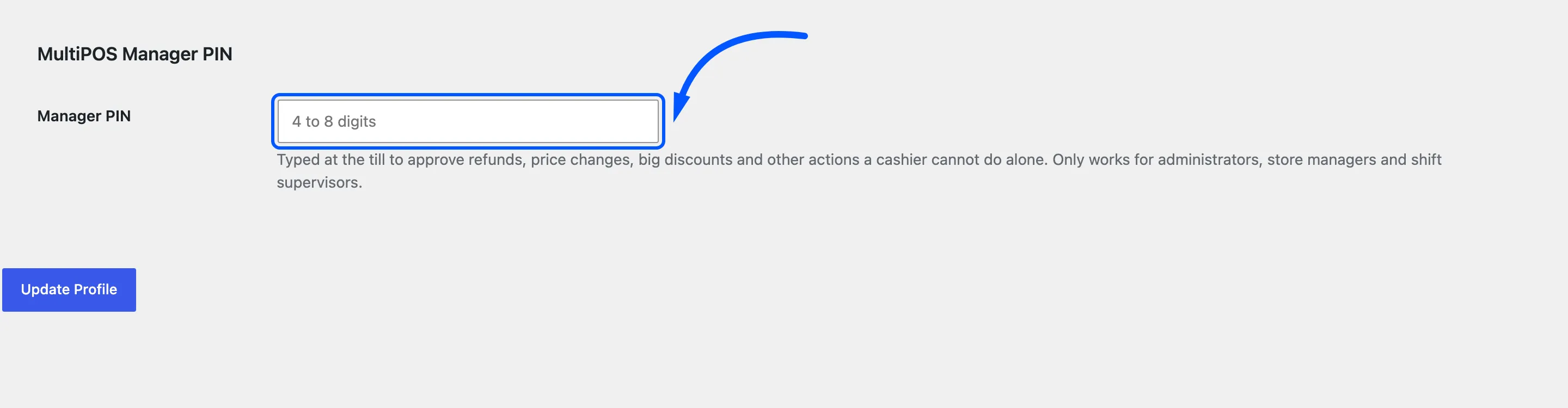 The MultiPOS Manager PIN section on a WordPress user profile, with the PIN field