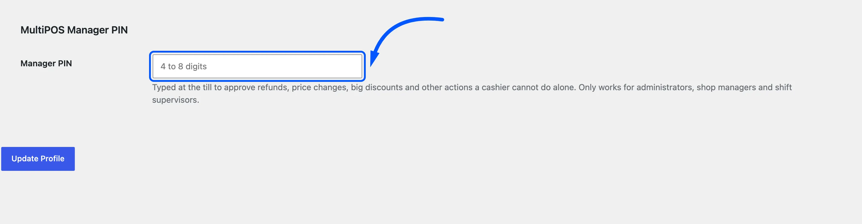 The MultiPOS Manager PIN section on a WordPress user profile, with the PIN field