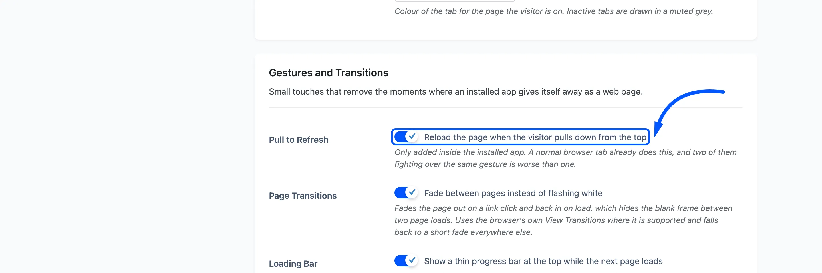 The Pull to Refresh switch