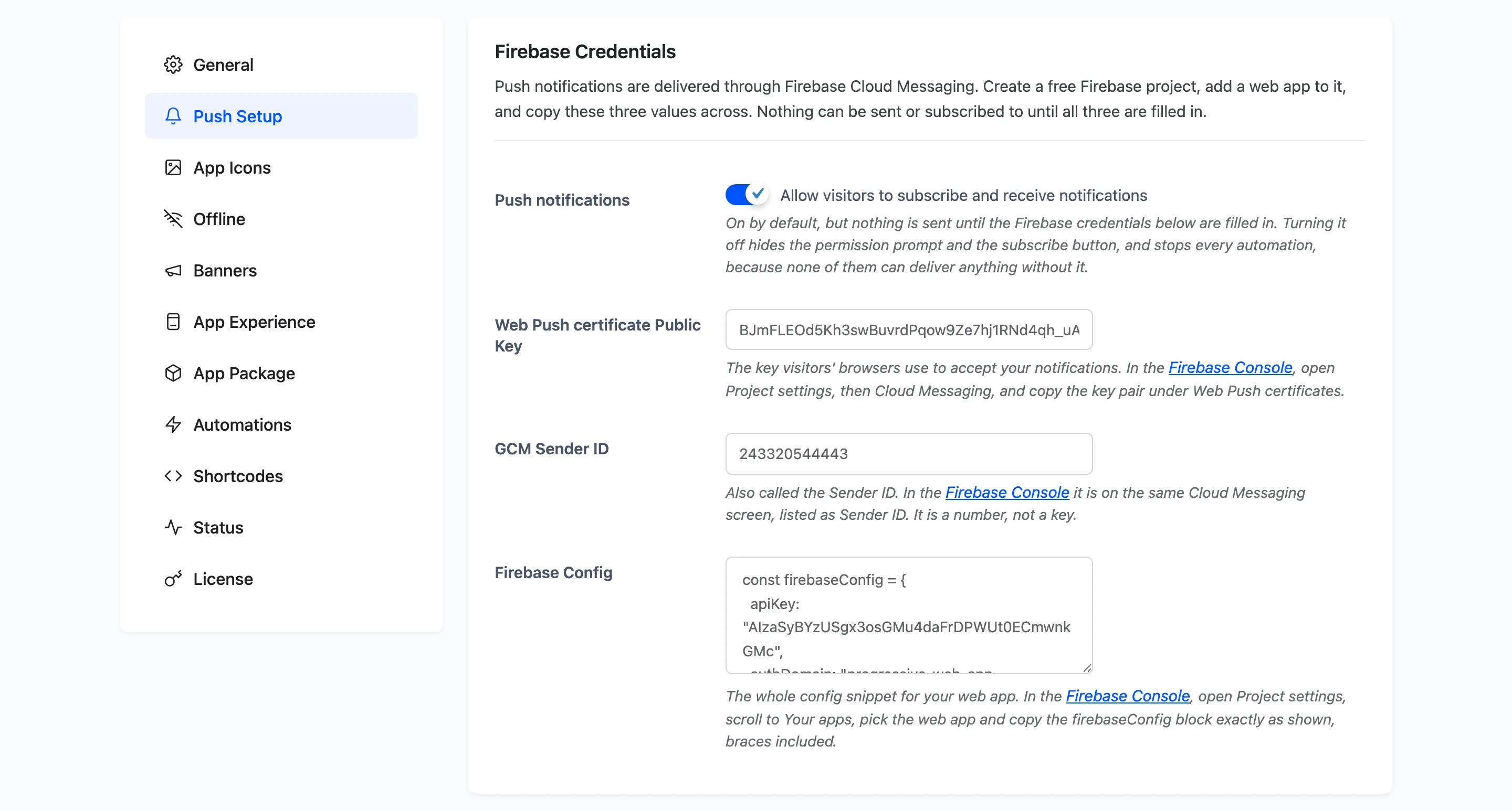 The Firebase Credentials section