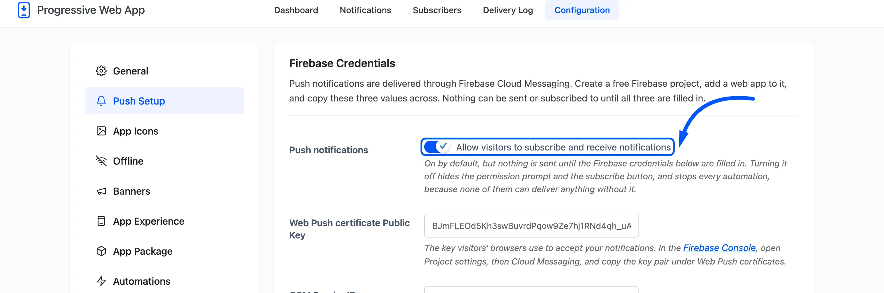The Push notifications switch