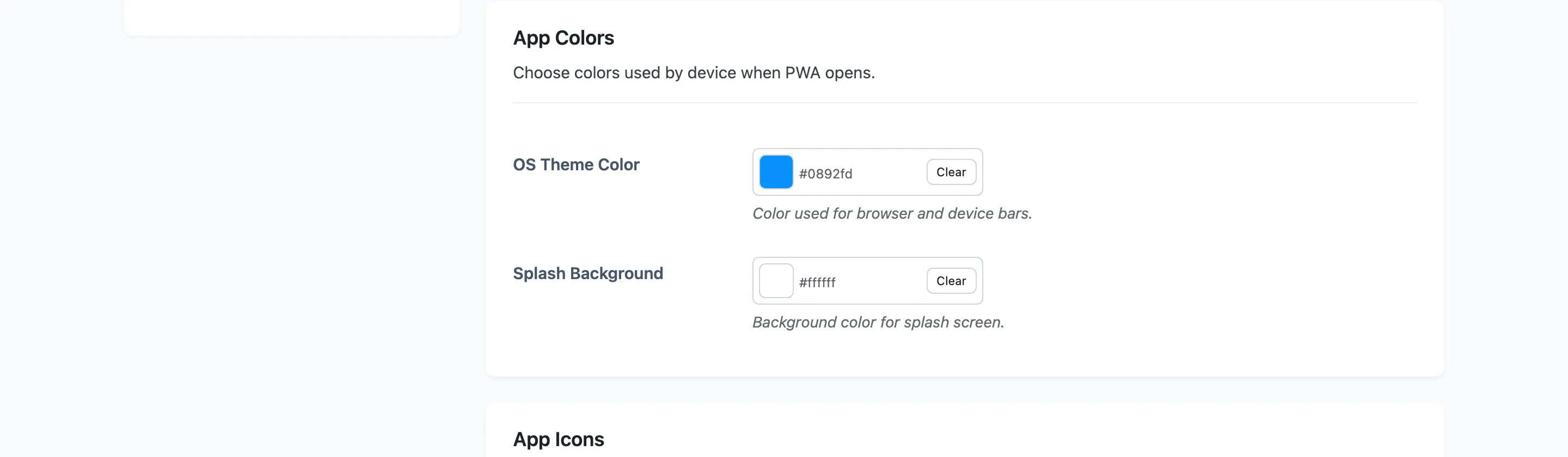 The App Colors section of the PWA tab