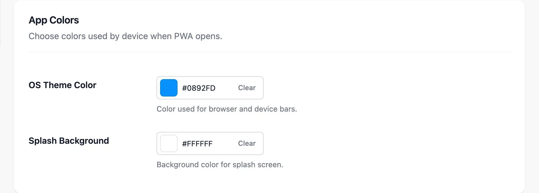 The App Colors section of the PWA tab