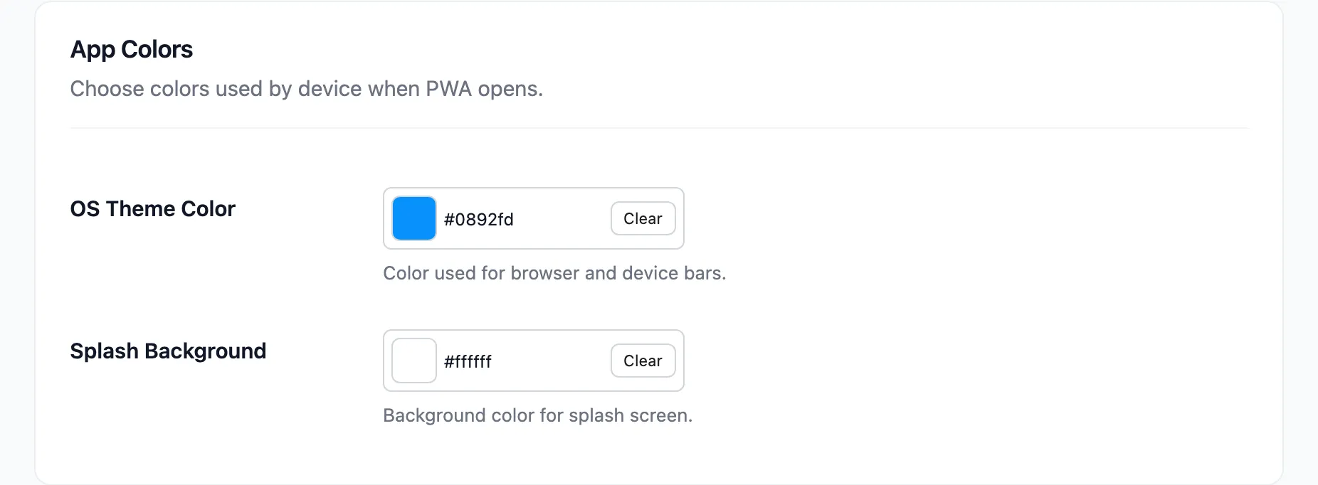 The App Colors section of the PWA tab