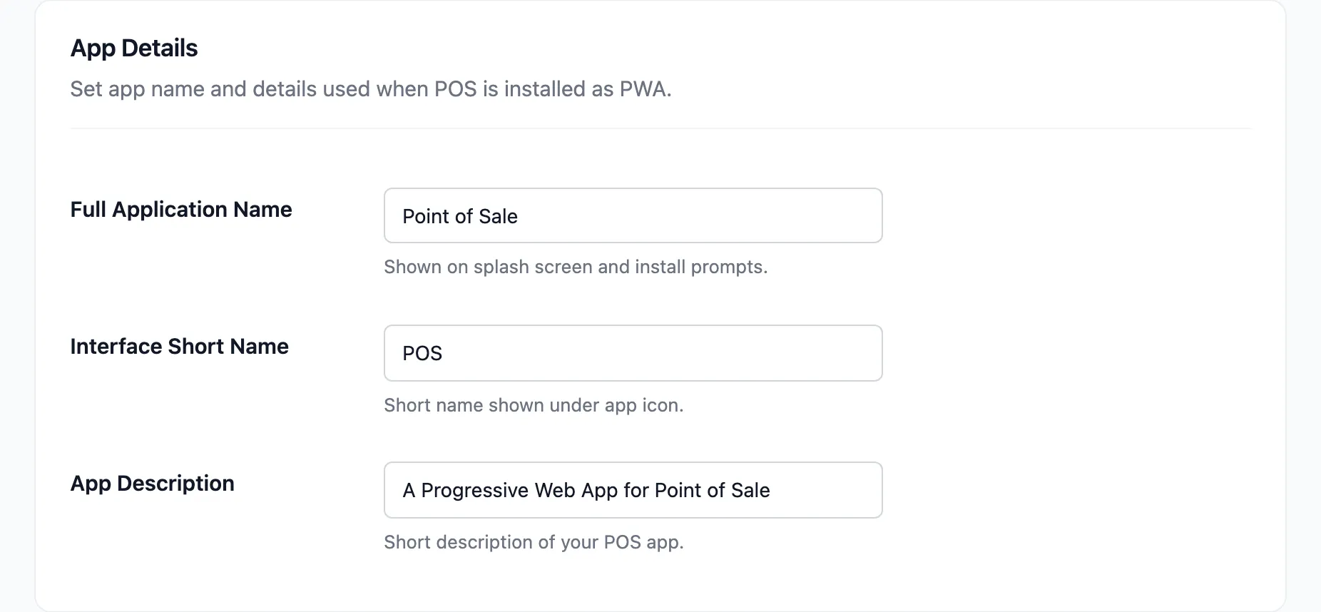 The App Details section of the PWA tab with the app name, short name and description