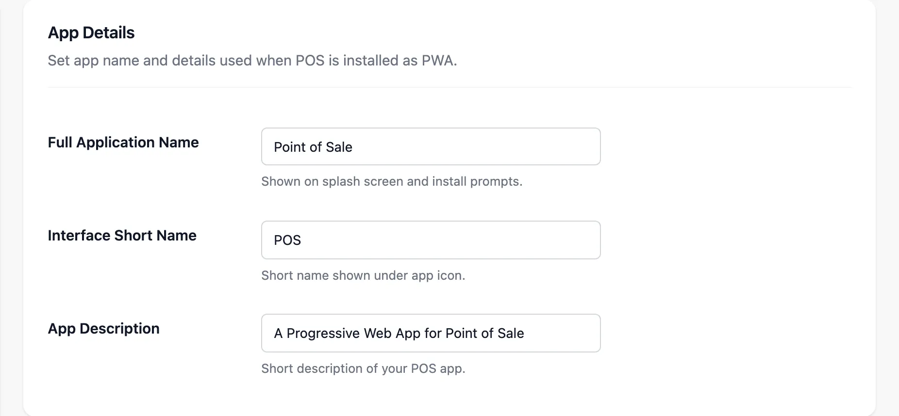 The App Details section of the PWA tab with the app name, short name and description