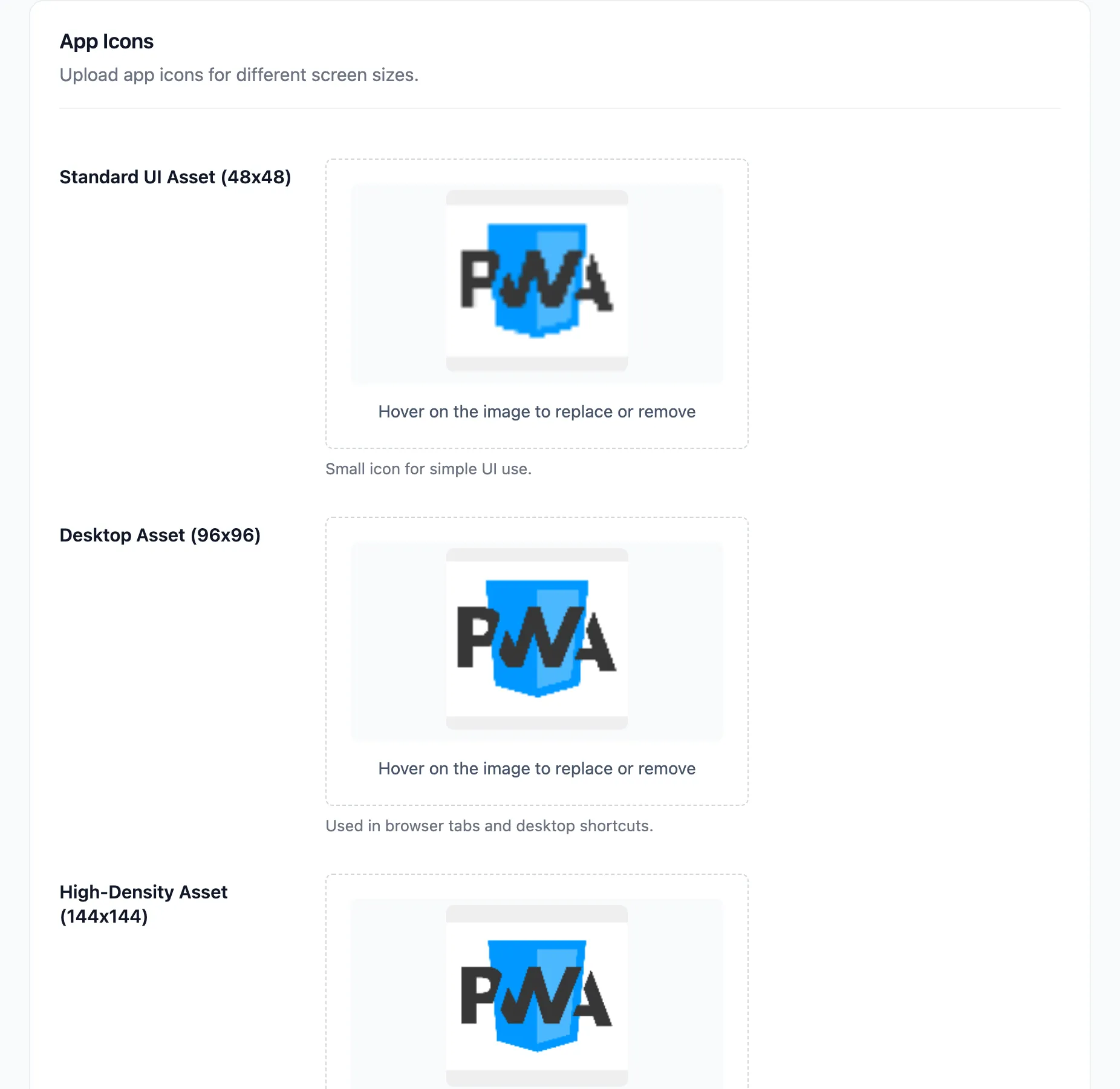 The App Icons section of the PWA tab with five icon uploads