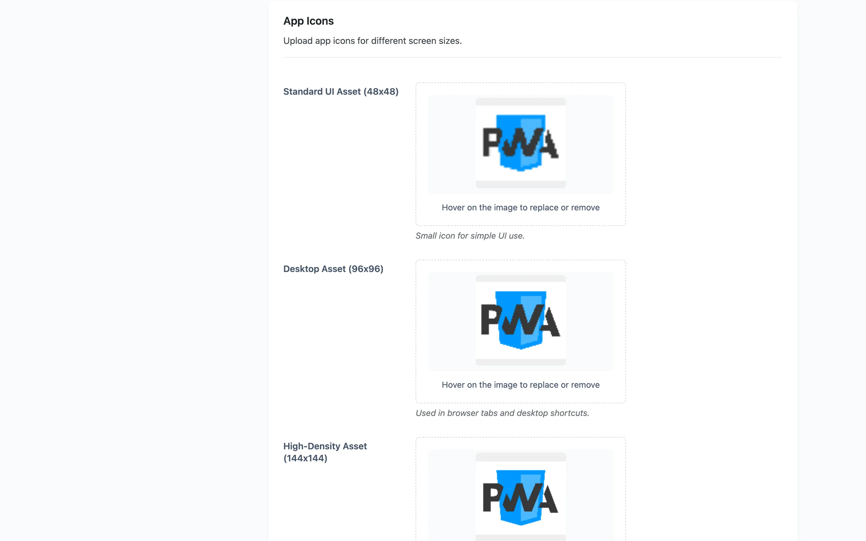 The App Icons section of the PWA tab with five icon uploads