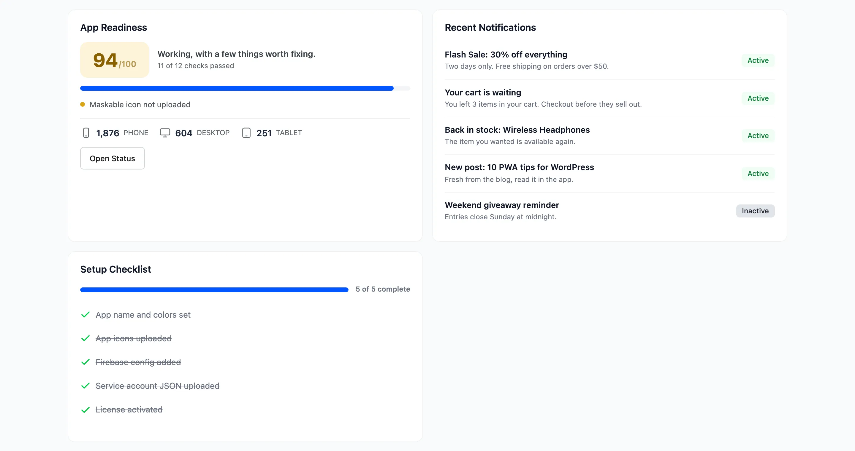 The App Readiness, Recent Notifications and Setup Checklist widgets