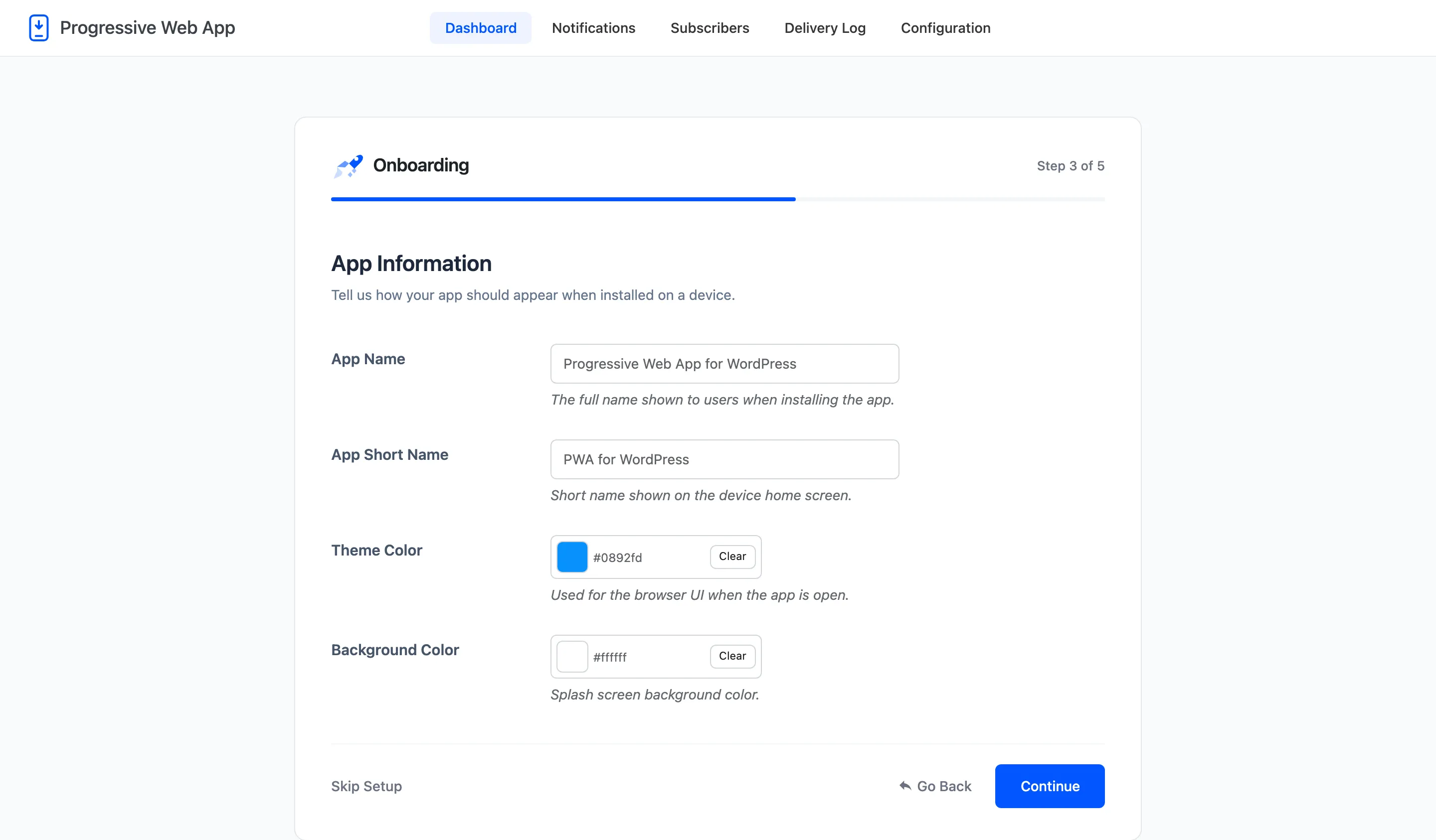 The app information step, with app name, short name and the two colours