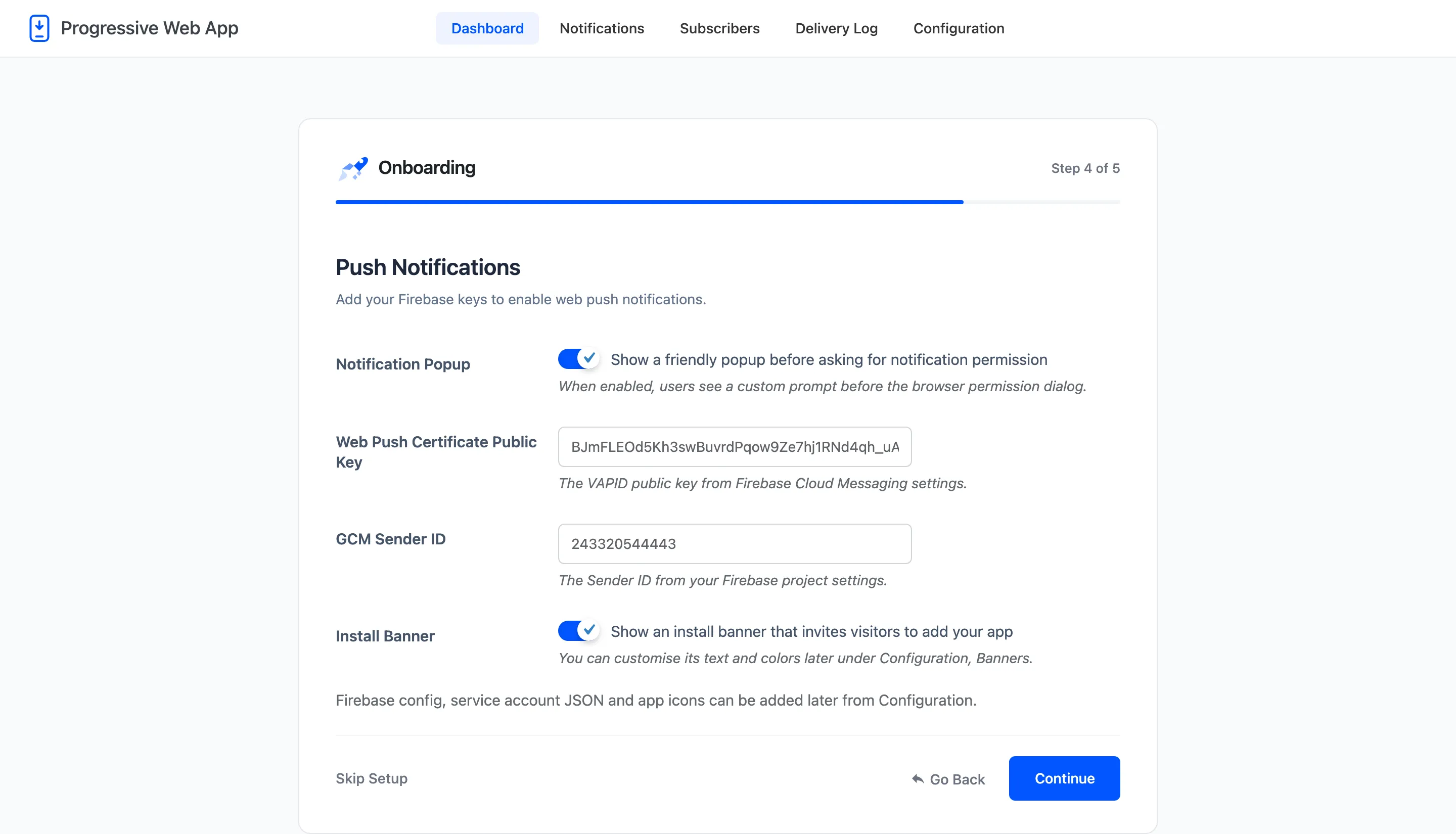The push notifications step, with the popup switch and the two Firebase keys