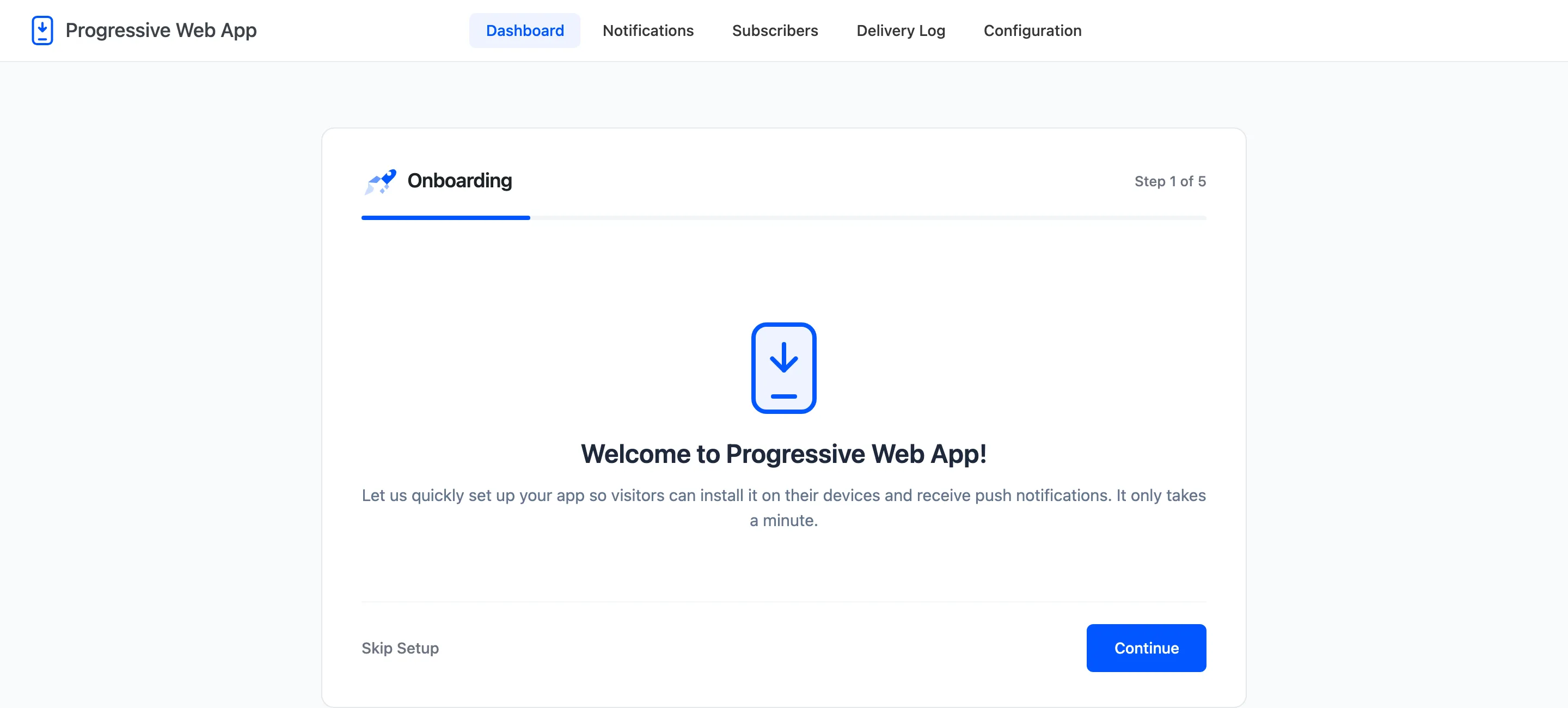 The welcome step of the setup wizard