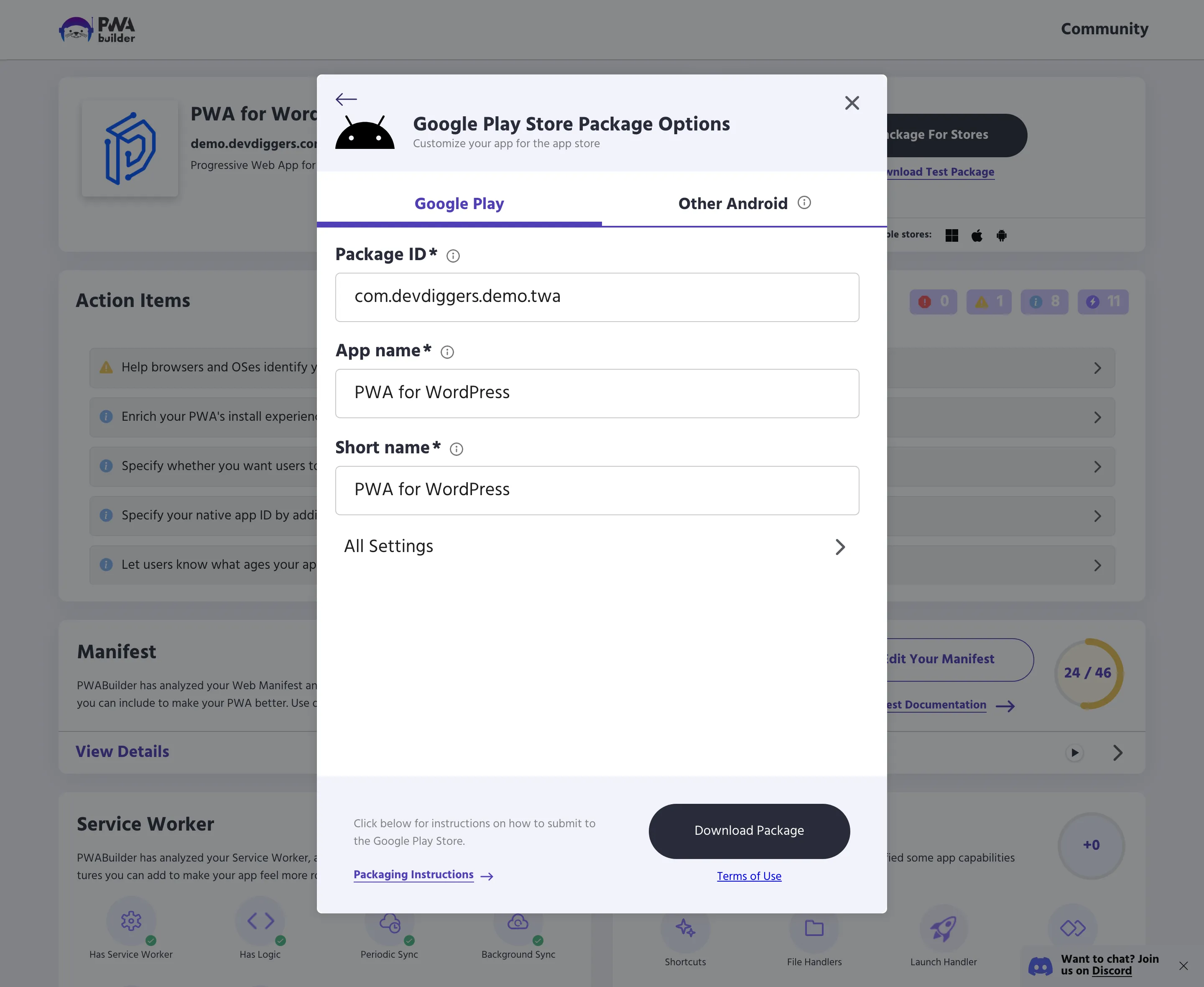 The Google Play package options, with Package ID prefilled from the manifest
