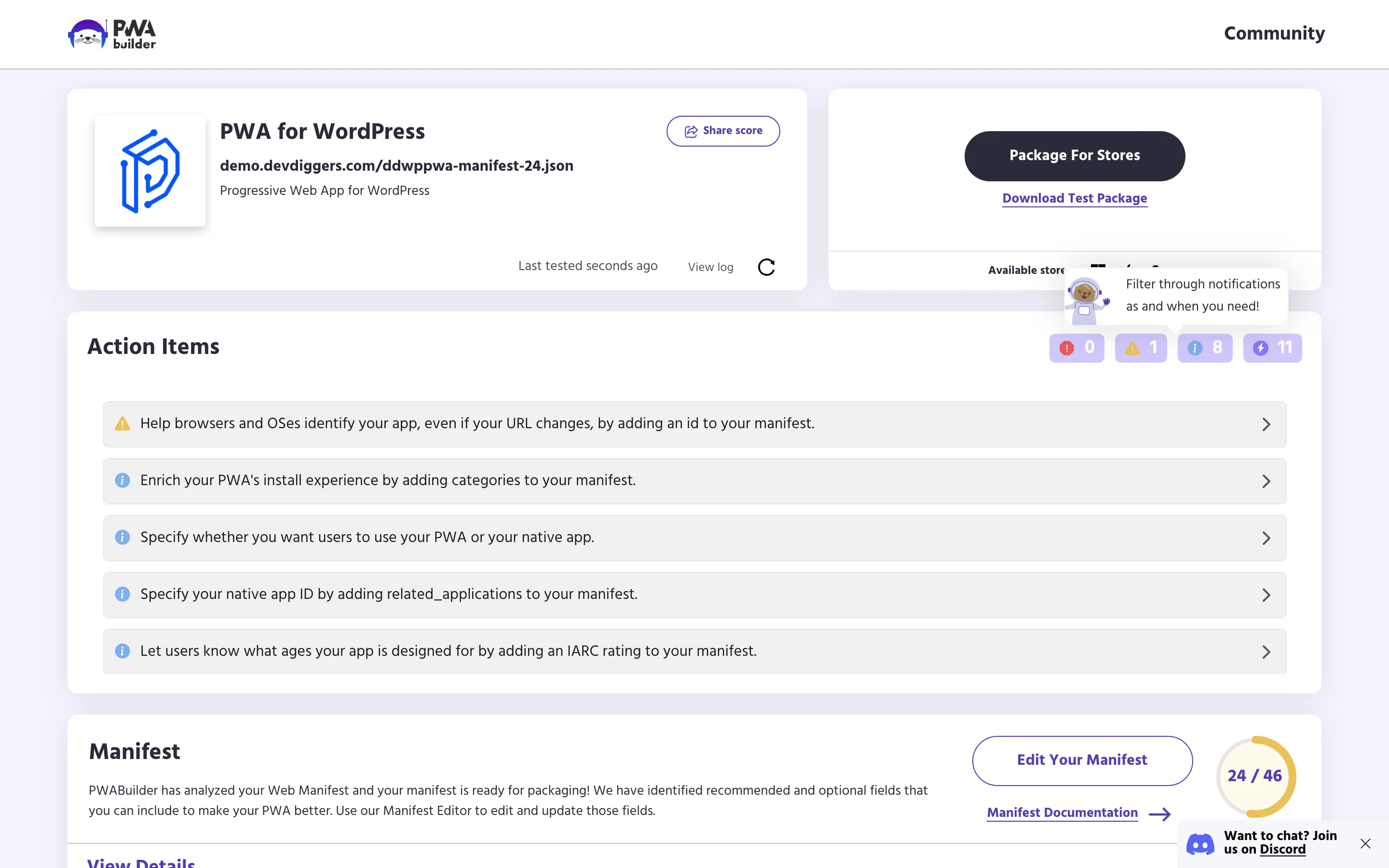 The PWABuilder report card for a site running this plugin