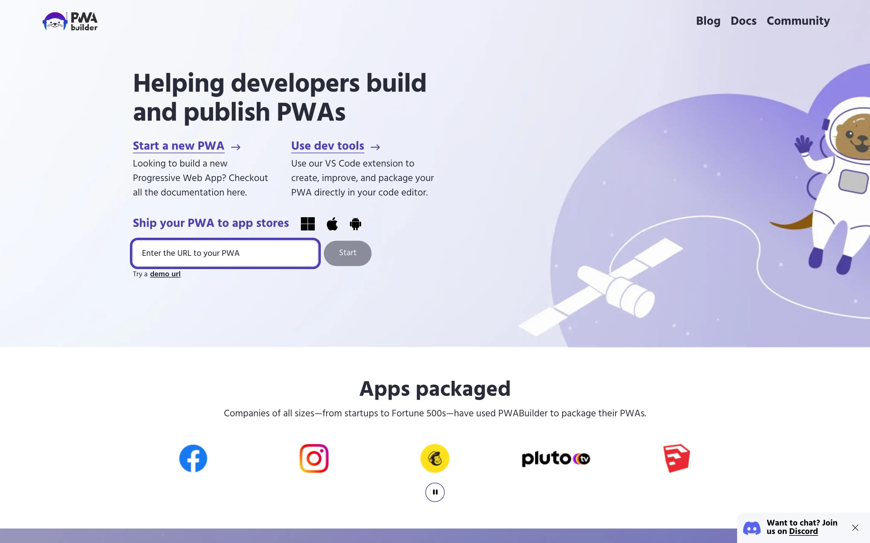 The PWABuilder home page with its single URL field