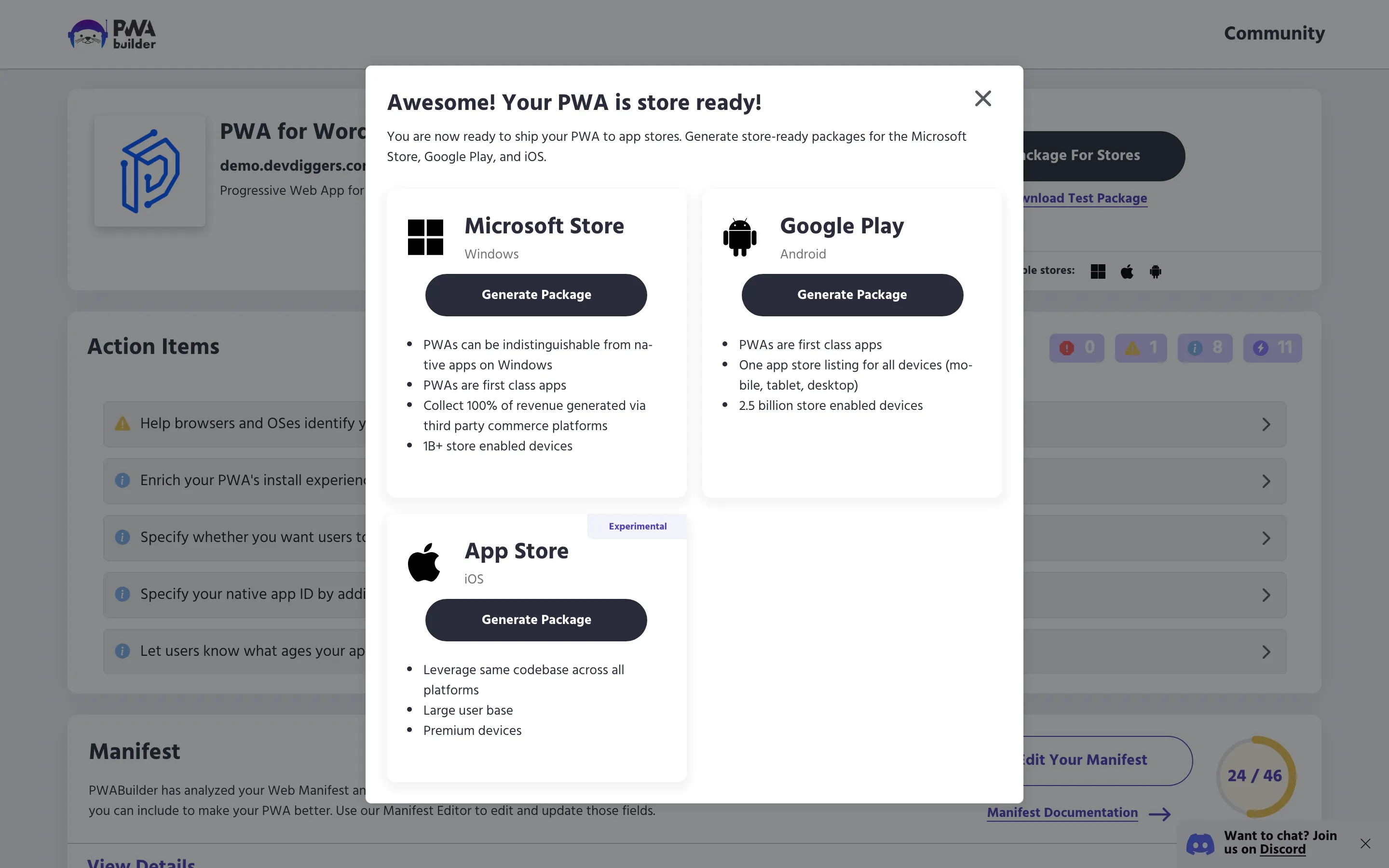 The store-ready dialog offering Microsoft Store, Google Play and App Store packages
