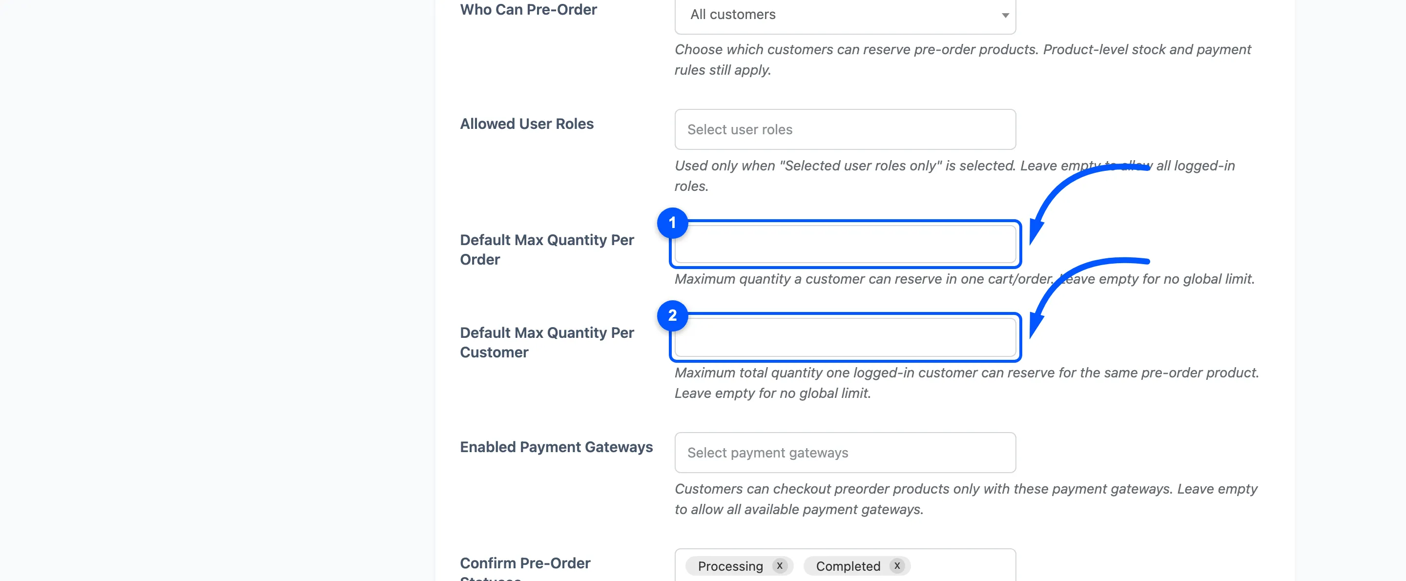 The two quantity limit fields