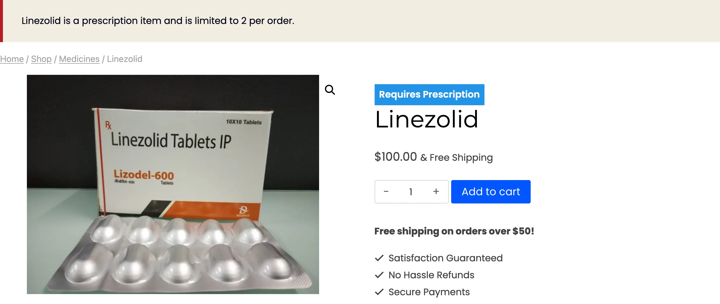 A notice saying Linezolid is a prescription item limited to 2 per order