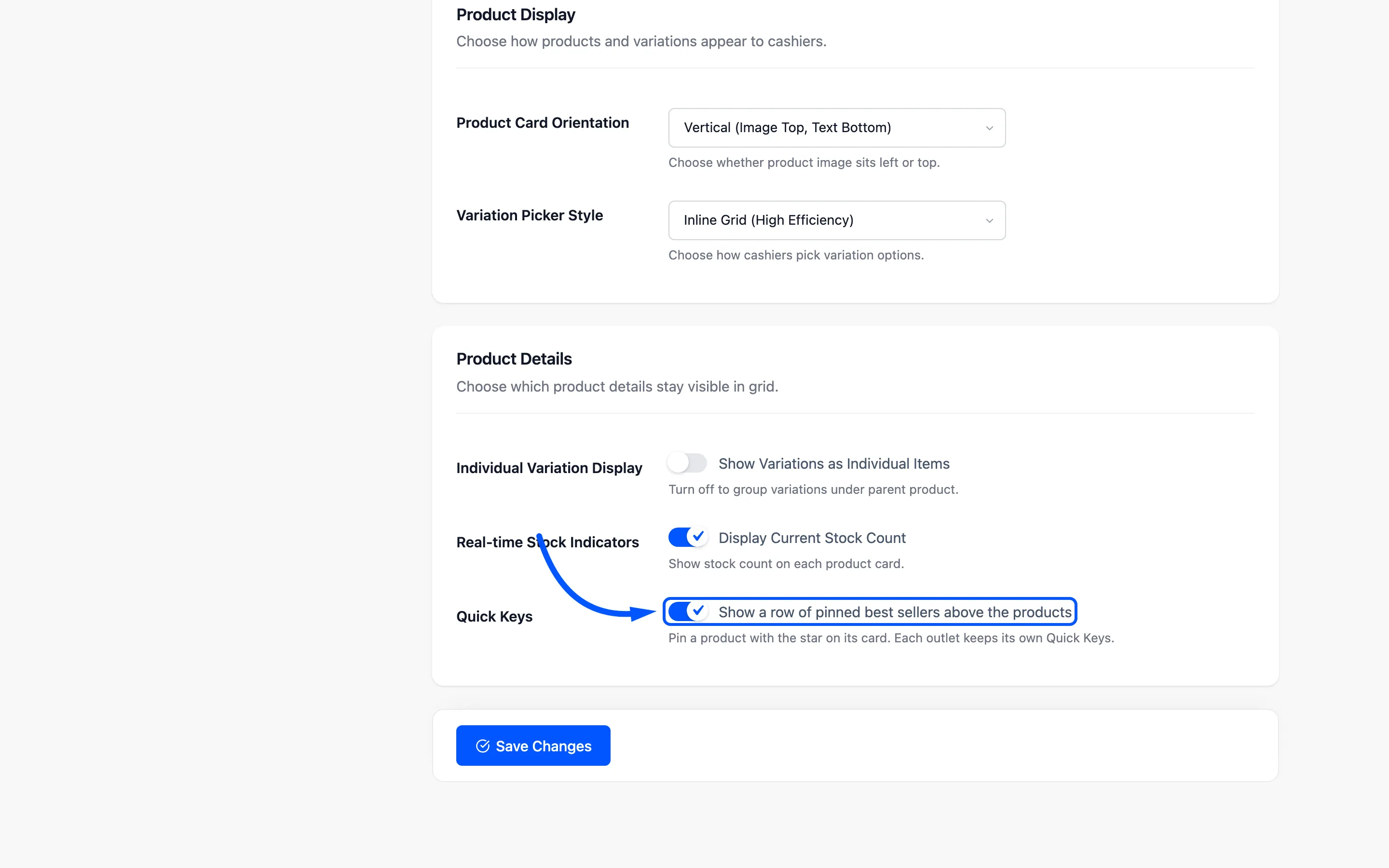 The Quick Keys switch boxed in the Product Details section of the Layout tab