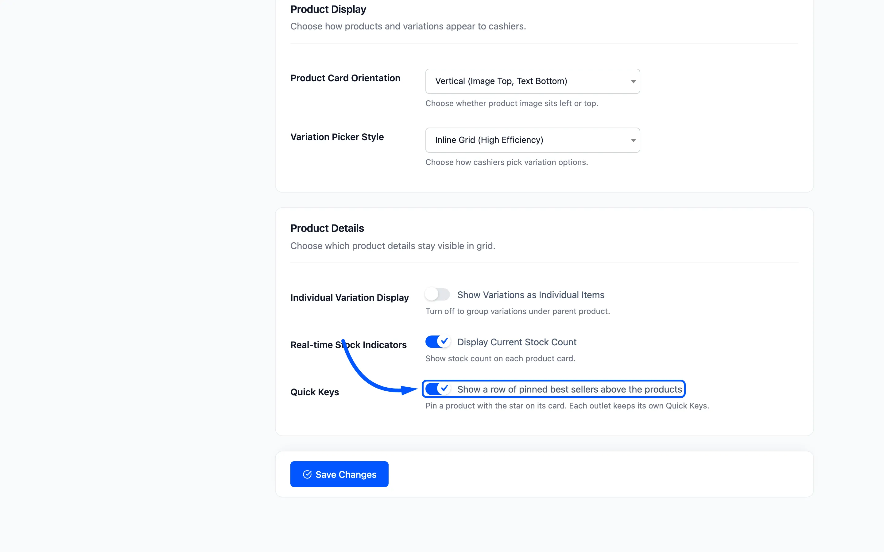 The Quick Keys switch boxed in the Product Details section of the Layout tab