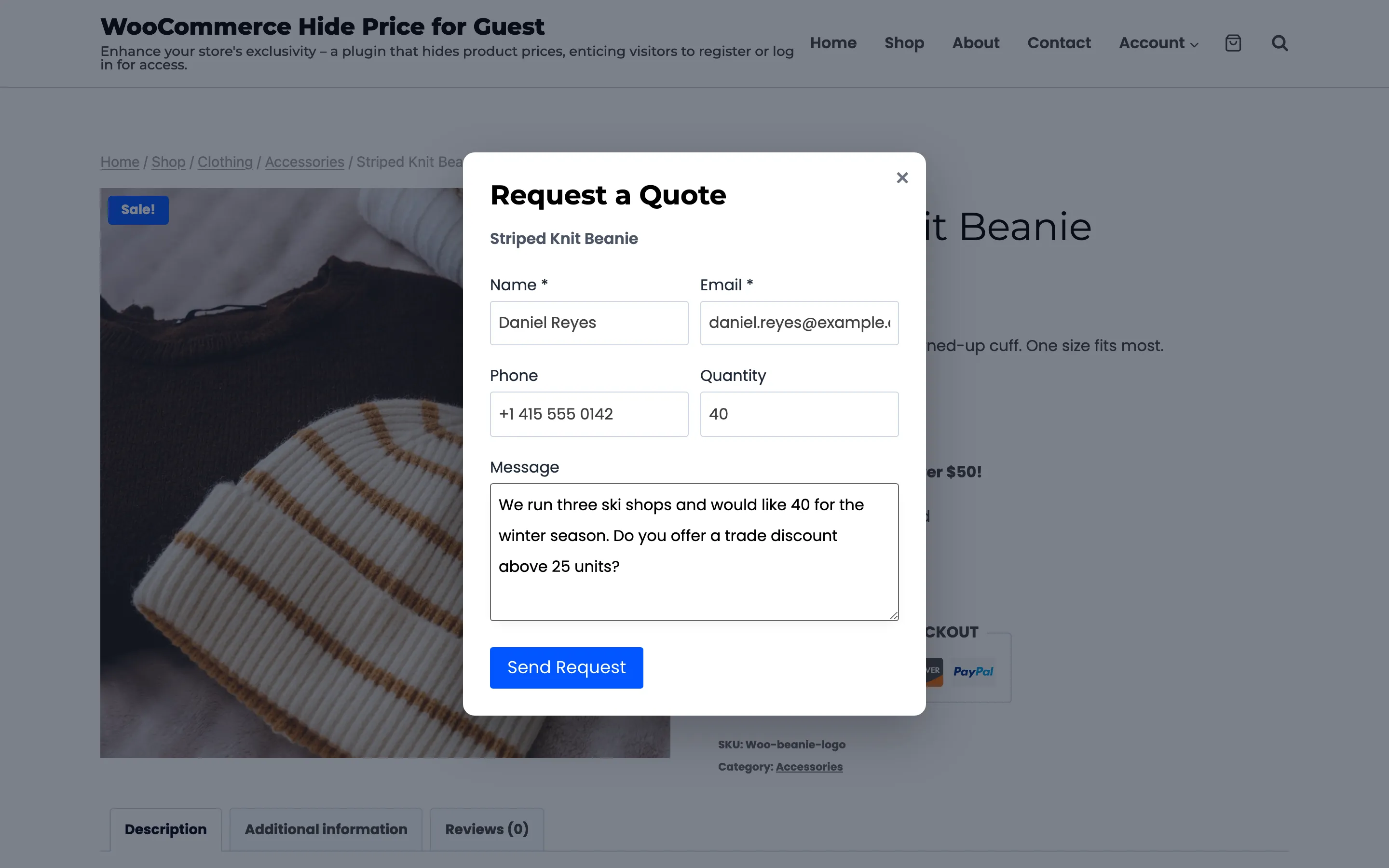 The quote form filled in for 40 beanies