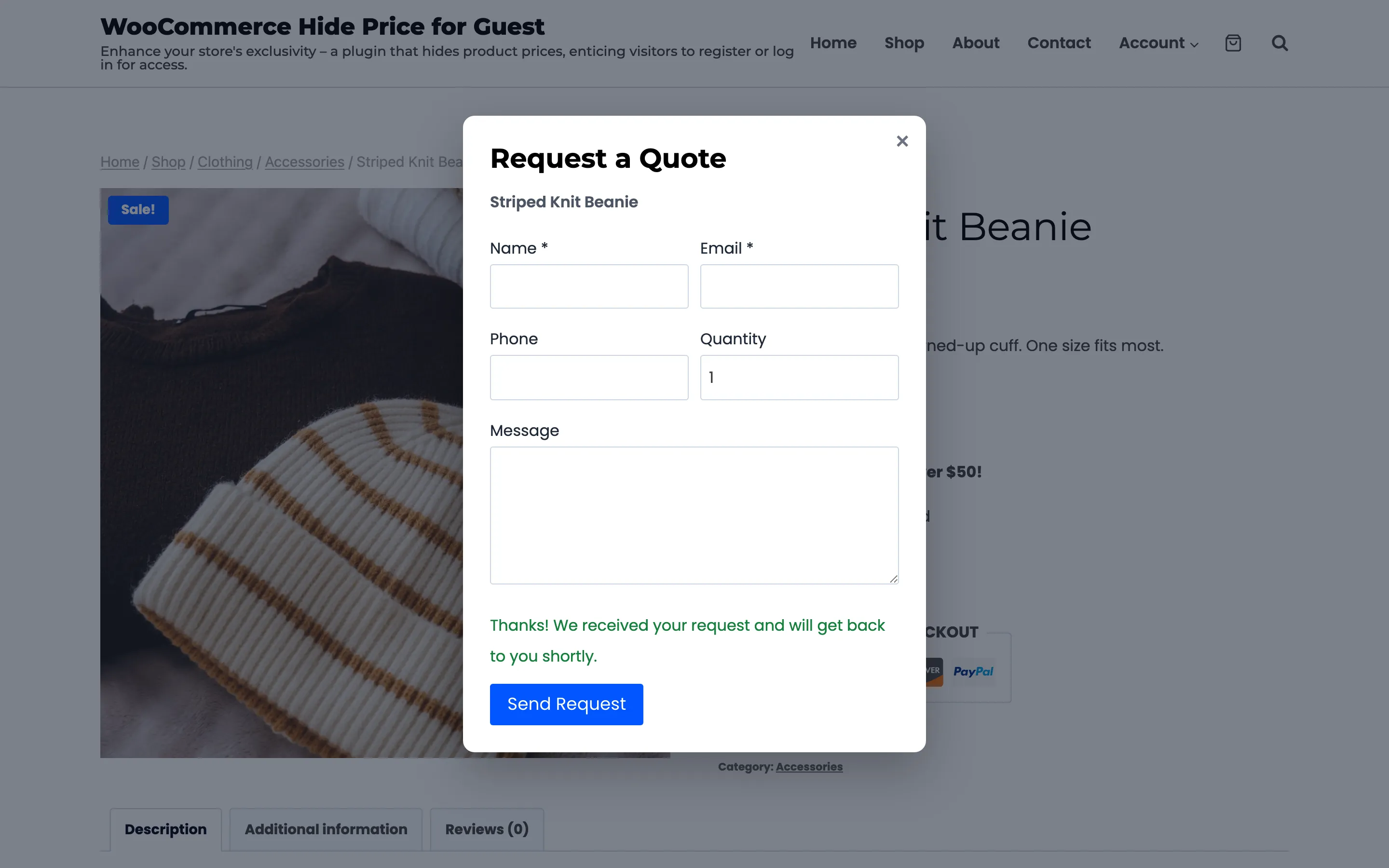 The quote form after sending, with the thank-you message