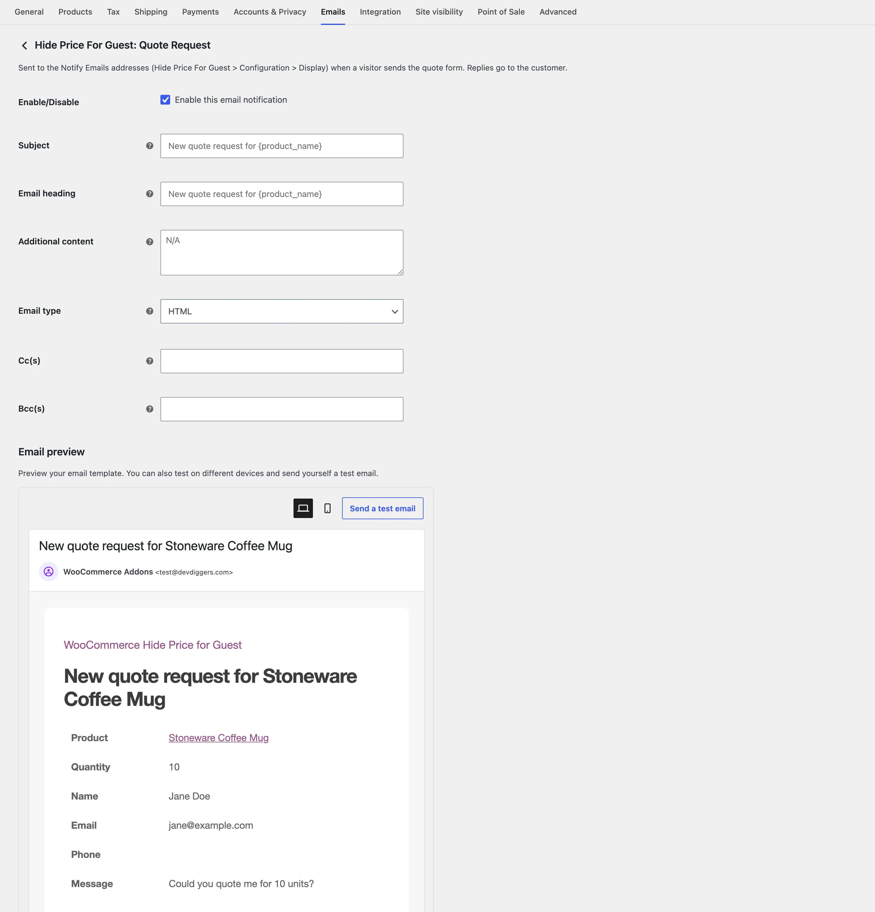 The Quote Request email settings, with the preview below