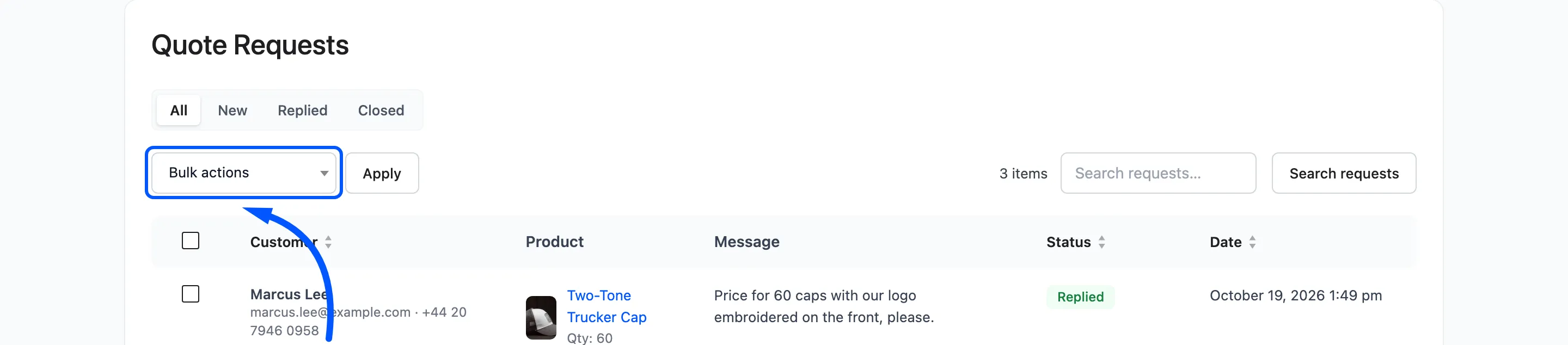 Bulk actions on the Quote Requests list